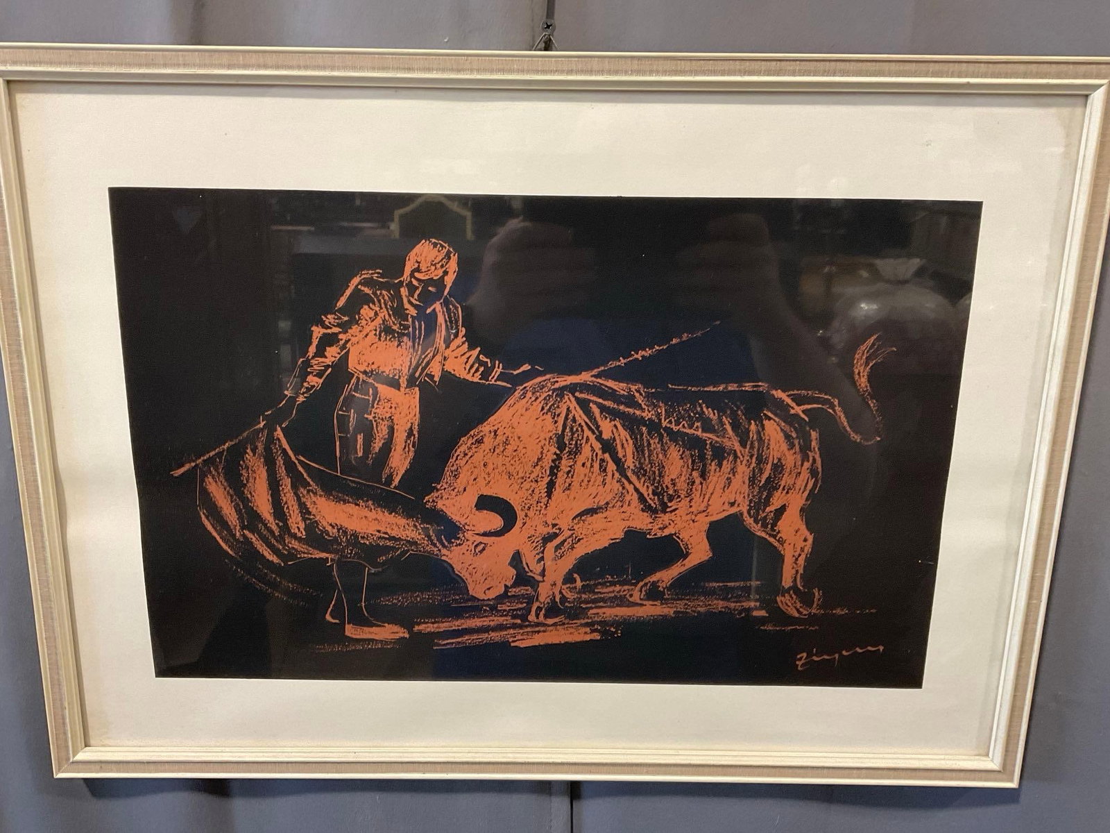 Framed Vintage Print, Bullfighting, Stark Orange on Black piece, mared Zygner, 19x26 inches: on the back shows a sticker that says Zygner Stierkampf. Appears to be in good shape. The piece measures approx 19h x 26w x 3d inches. See pics. E-6080