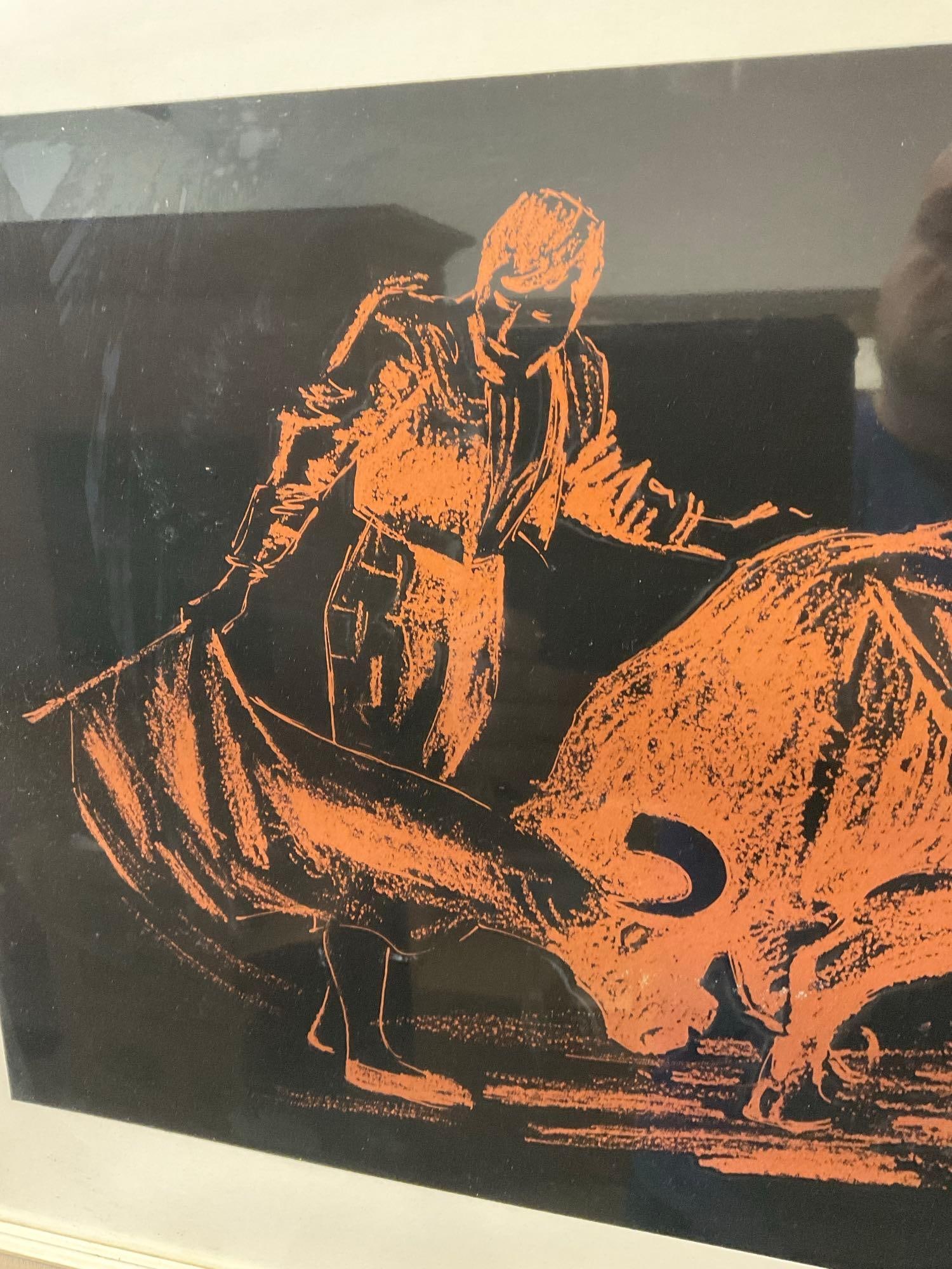 Framed Vintage Print, Bullfighting, Stark Orange on Black piece, mared Zygner, 19x26 inches - 2