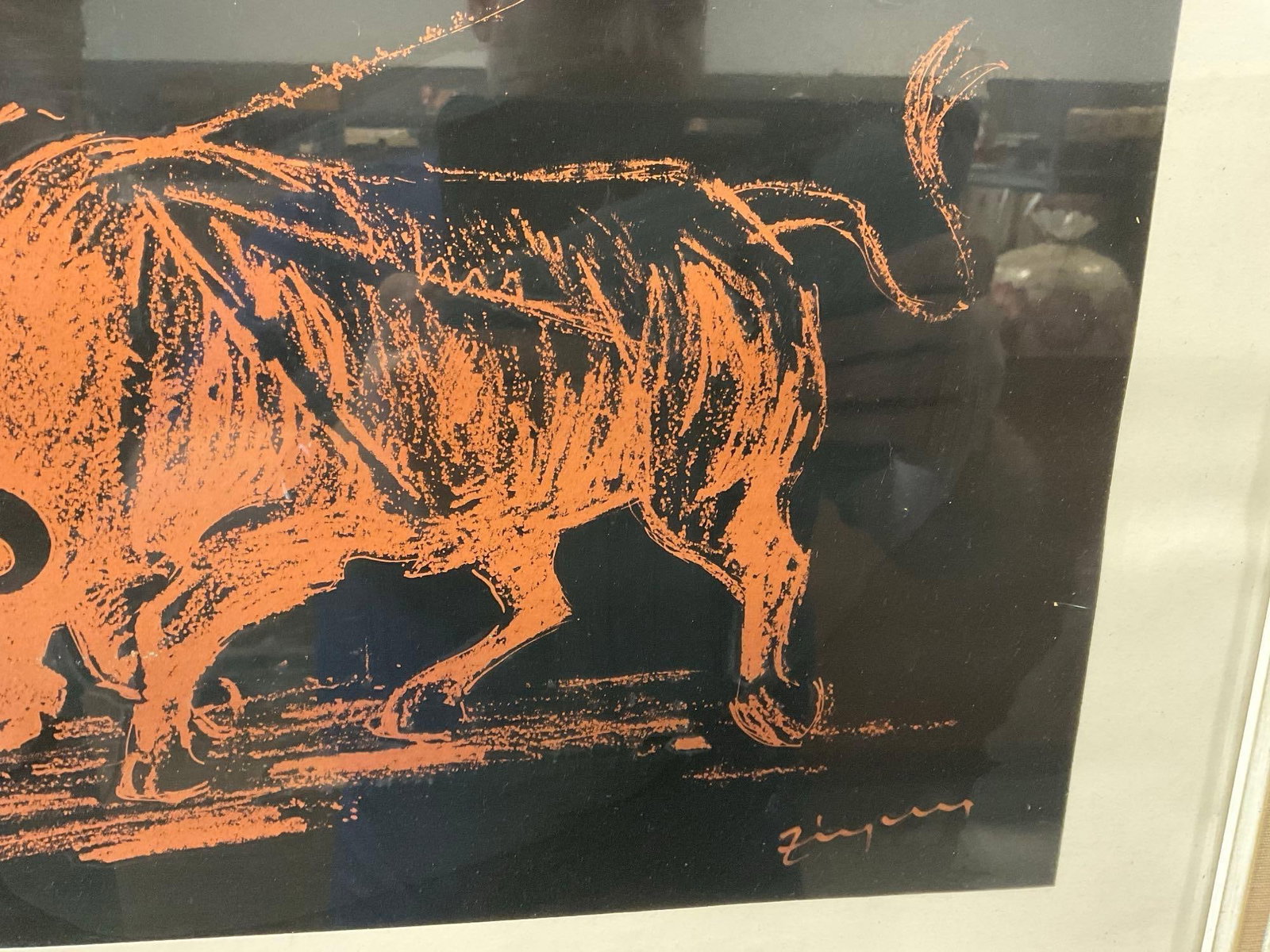 Framed Vintage Print, Bullfighting, Stark Orange on Black piece, mared Zygner, 19x26 inches - 3