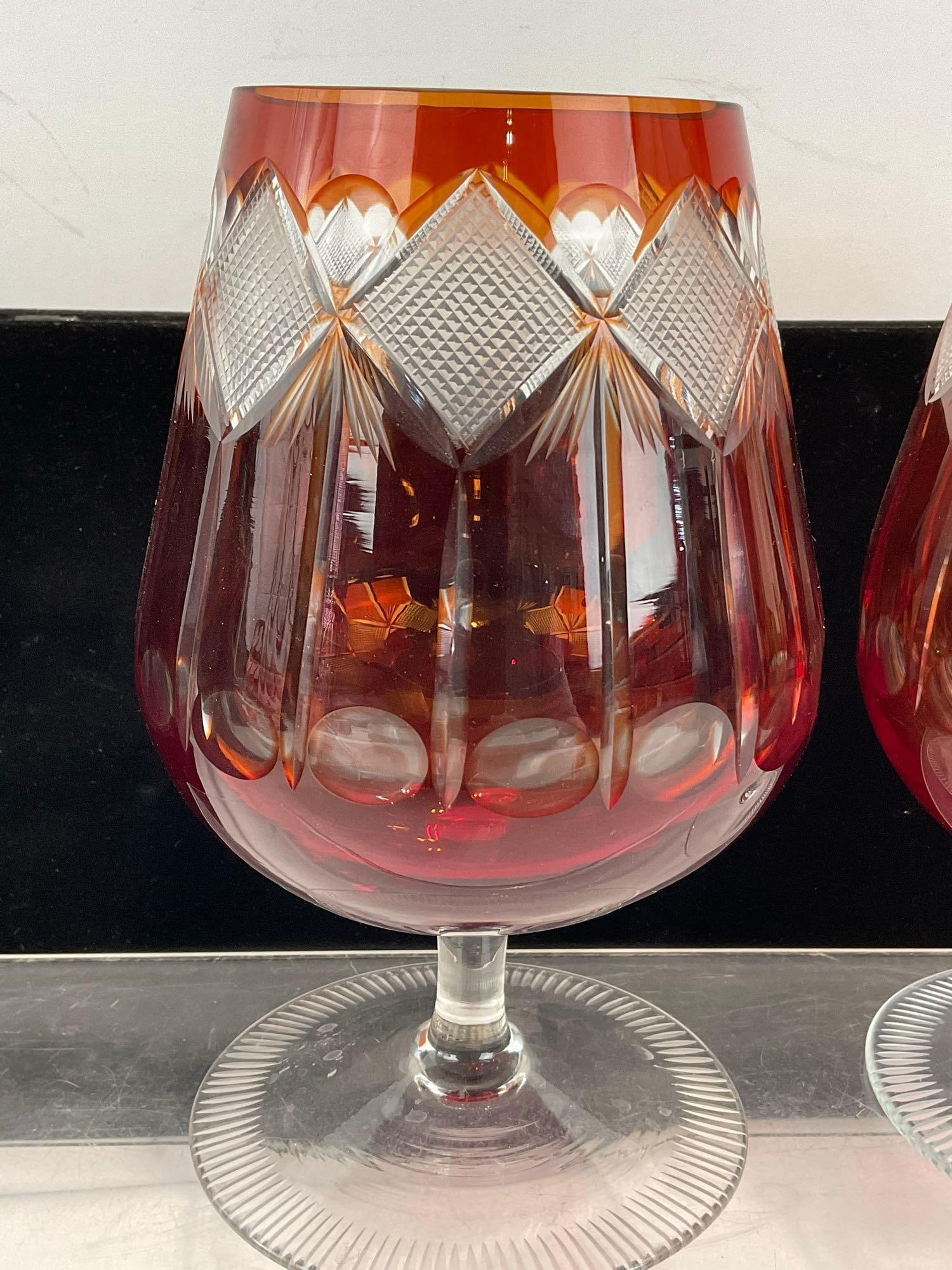 Pair of Bohemian Remery Kristall Cognac Snifter Red, Cut to Clear Glasses - 2
