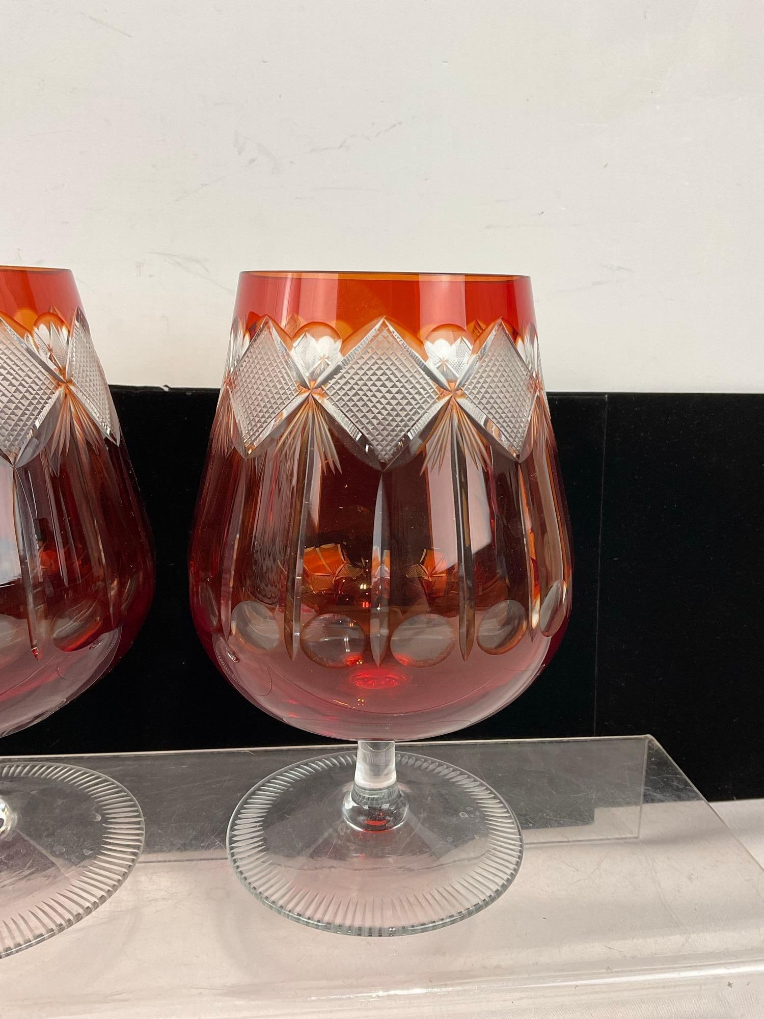 Pair of Bohemian Remery Kristall Cognac Snifter Red, Cut to Clear Glasses - 3