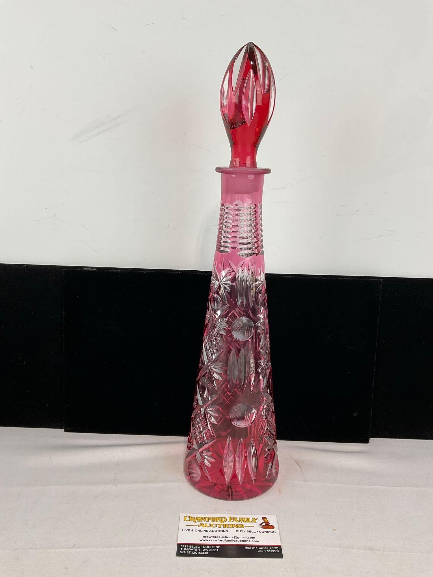 Bohemian Decanter, Cranberry Cut to Clear Glass, 16 inches tall, w/stopper: Appears to be in good shape. The piece measures approx 17h x 5w x 5d inches. See pics. E-6080