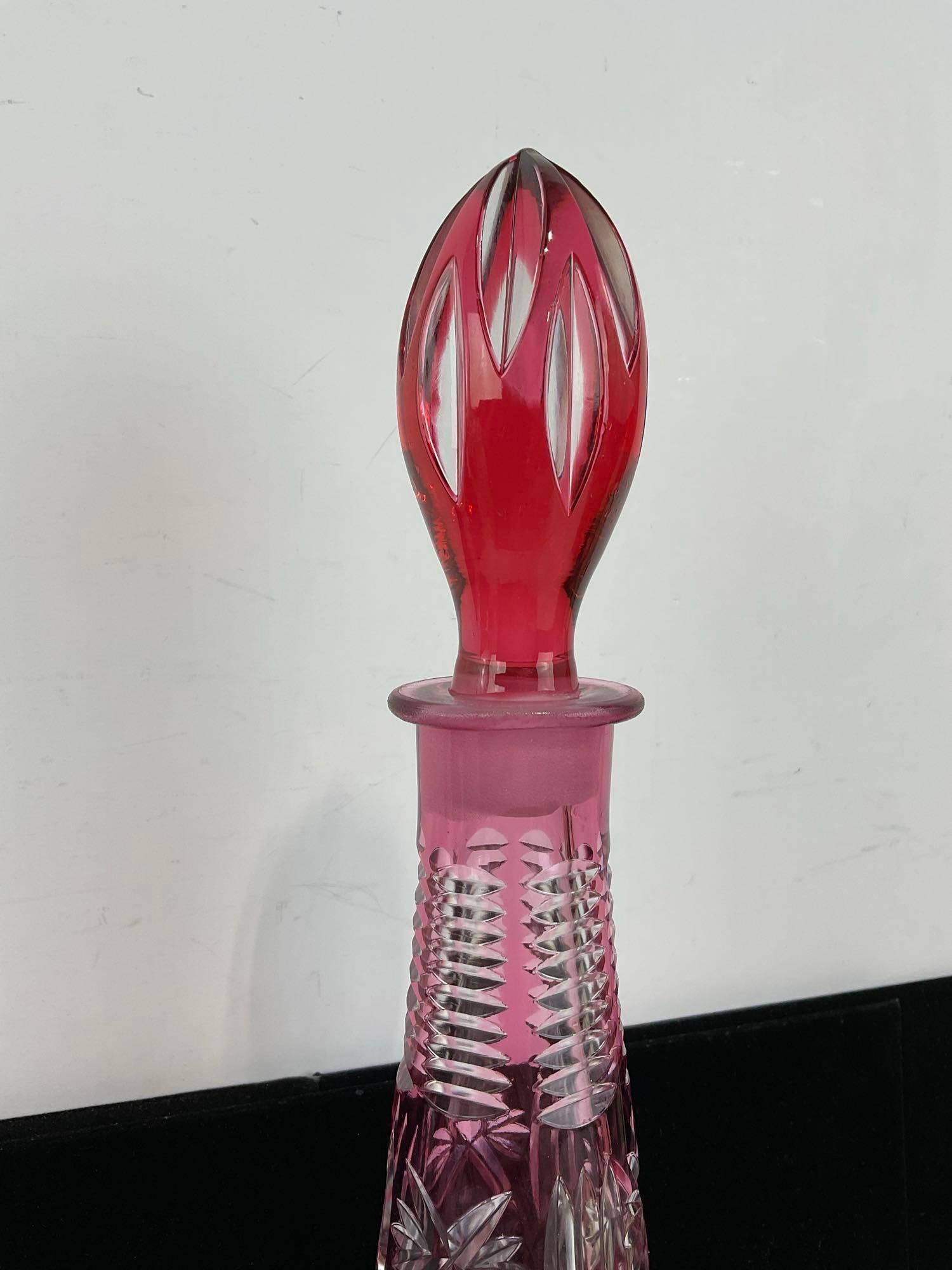 Bohemian Decanter, Cranberry Cut to Clear Glass, 16 inches tall, w/stopper - 2