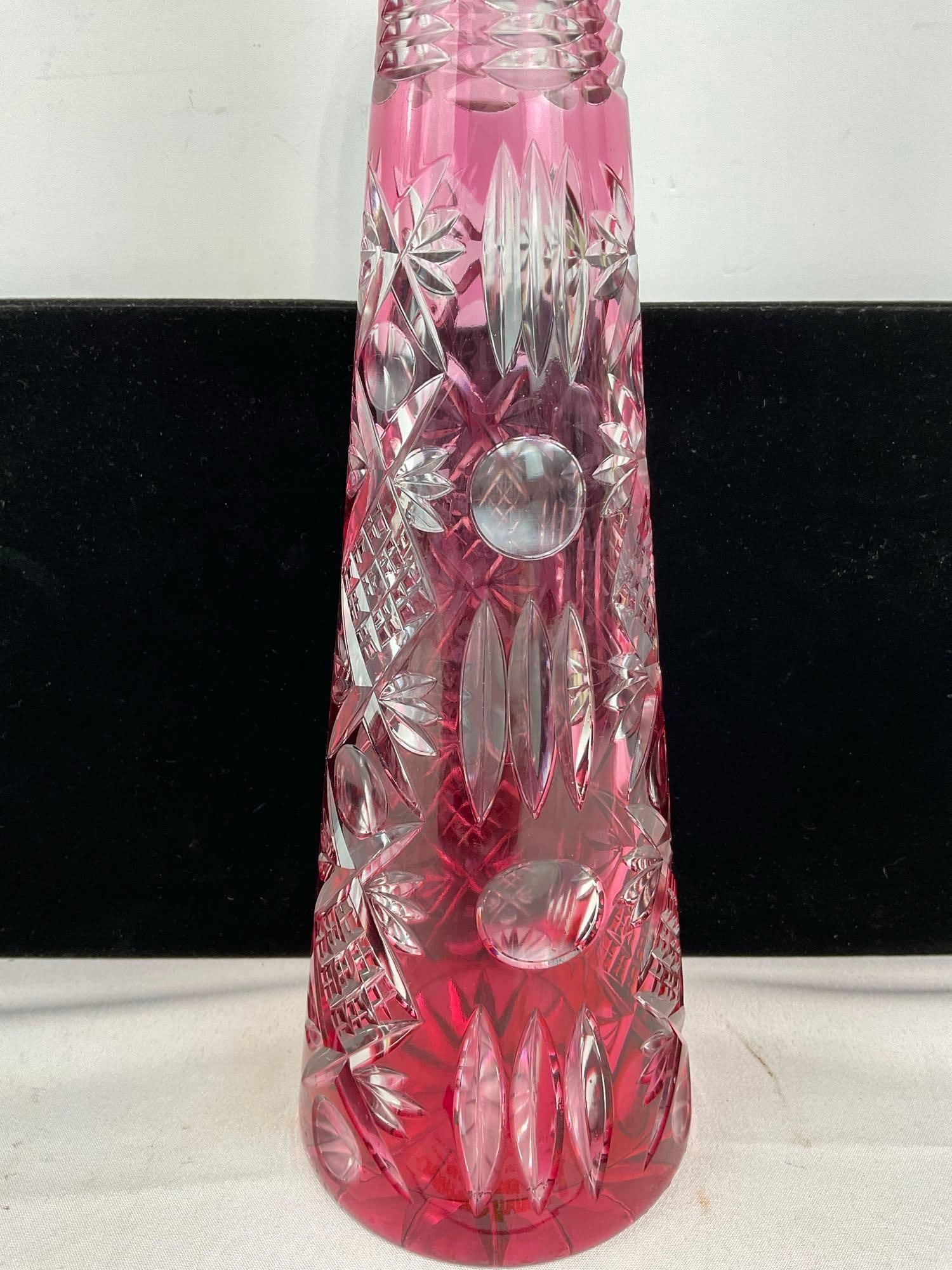 Bohemian Decanter, Cranberry Cut to Clear Glass, 16 inches tall, w/stopper - 3
