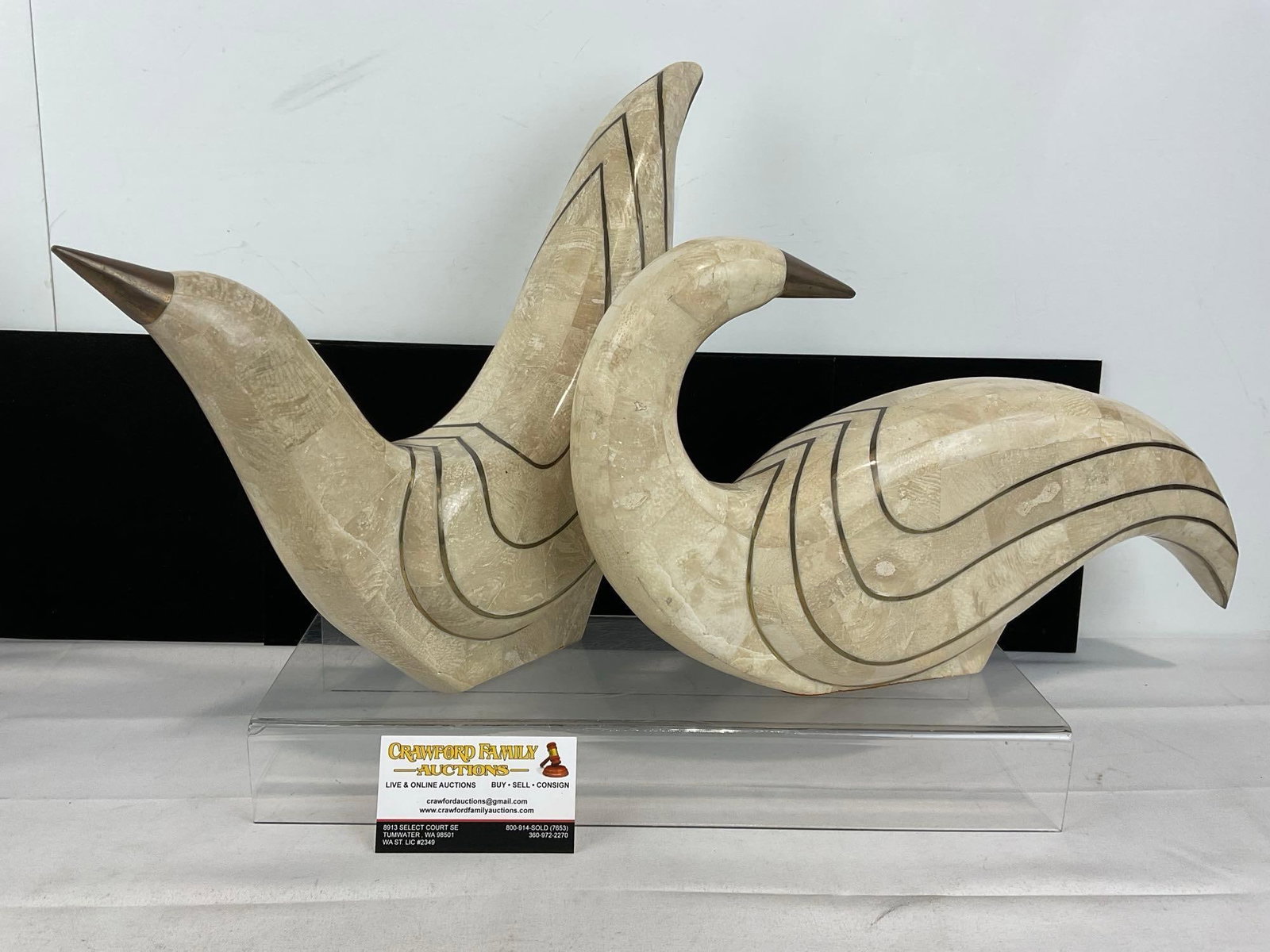 Pair of Elegant Bird Statues, Carved White Stone w/Brass Bands, 13h x 10w x 21d inches: Appears to be in good shape. The piece measures approx 13h x 10w x 21d inches. See pics. E-6080