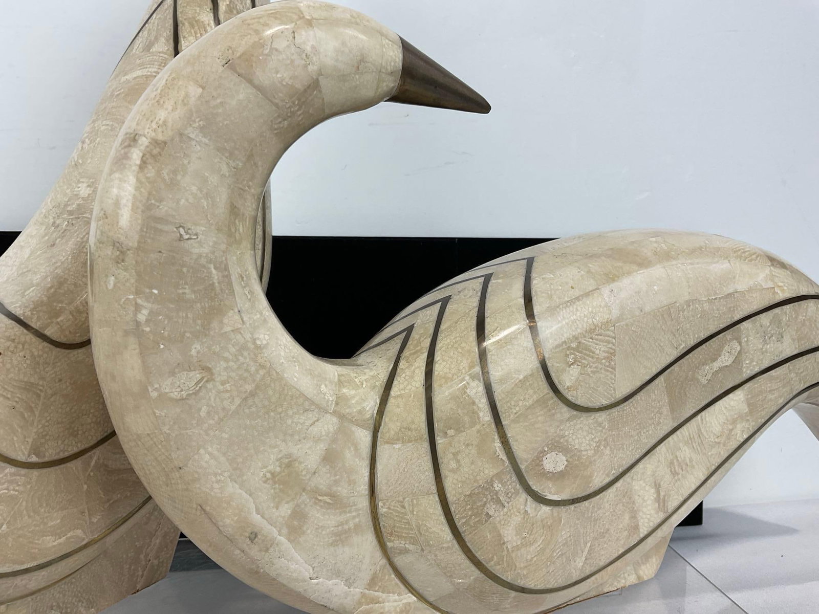 Pair of Elegant Bird Statues, Carved White Stone w/Brass Bands, 13h x 10w x 21d inches - 2