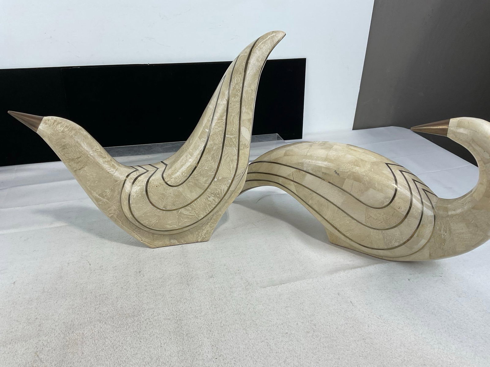 Pair of Elegant Bird Statues, Carved White Stone w/Brass Bands, 13h x 10w x 21d inches - 4