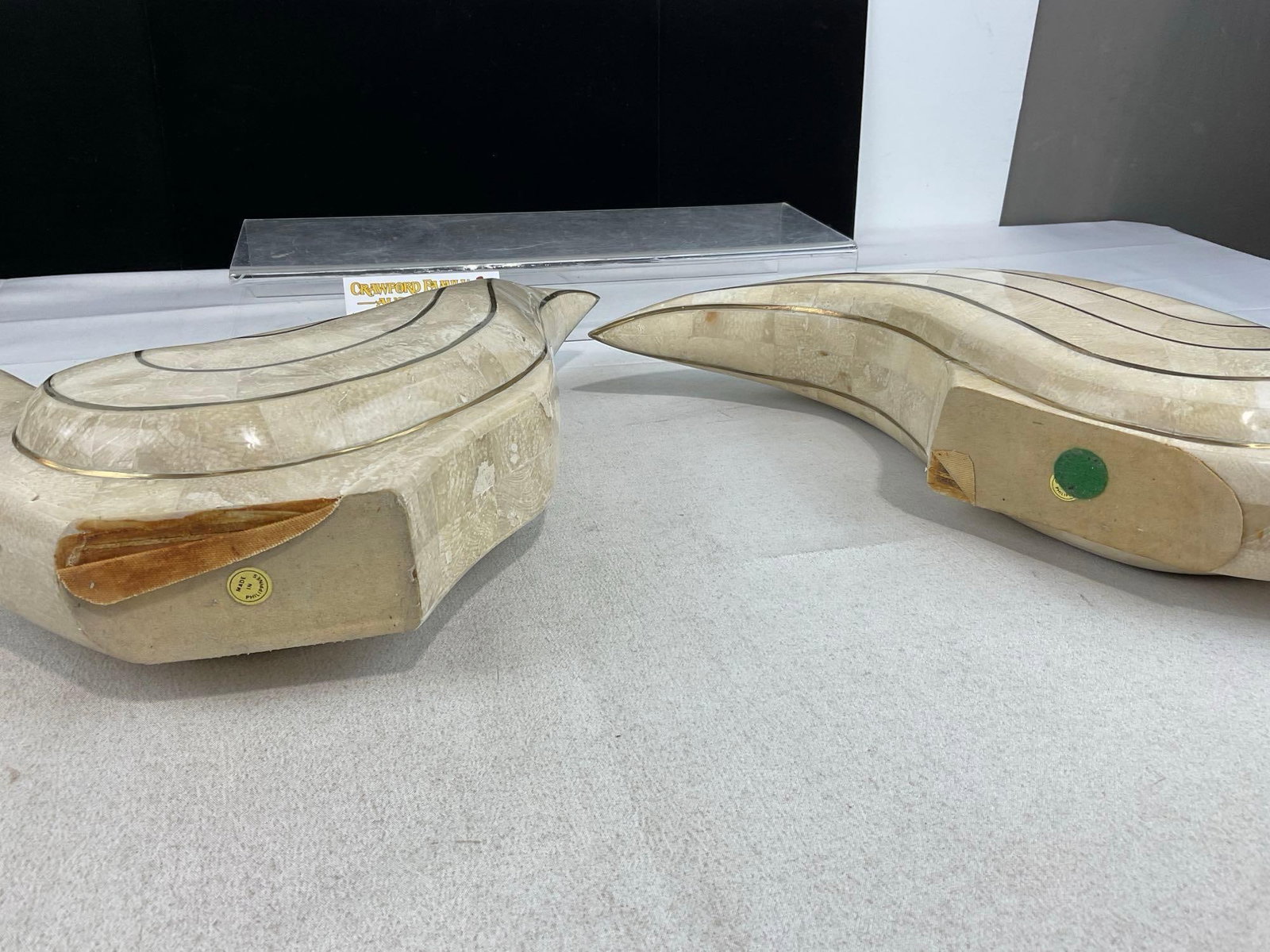 Pair of Elegant Bird Statues, Carved White Stone w/Brass Bands, 13h x 10w x 21d inches - 5