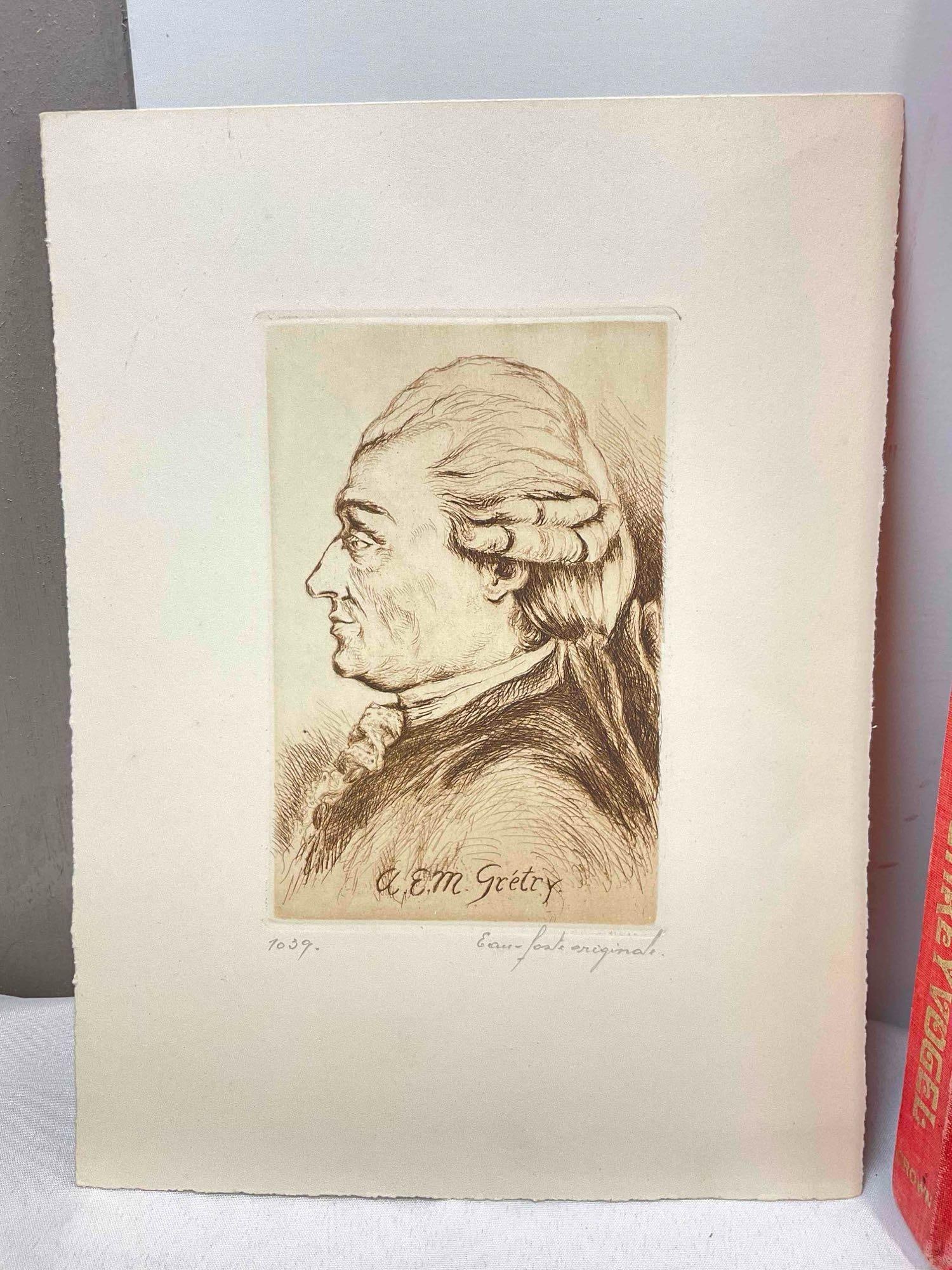 7 pcs Vintage Art & Ephemera Collection, incl. Unframed Original Etching of A.E.M. Gretry & More! - 2