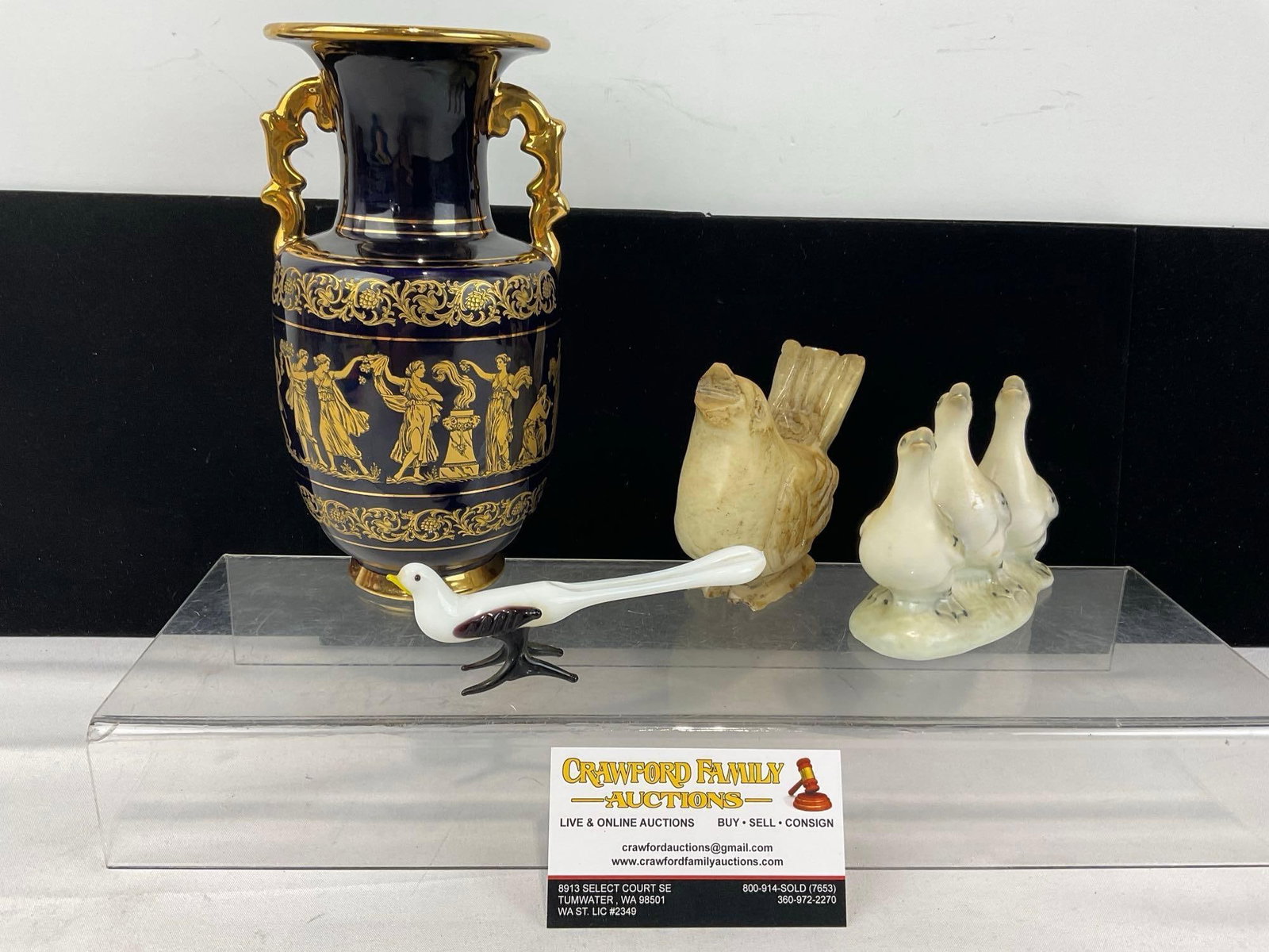 3 Carved Onyx, Ceramic & Blown Glass Birds & Greek 24k Gilt Cobalted Vase, marked S: Appears to be in good shape. The pieces together measures approx 6h x 9w x 9d inches. See pics. E-6040
