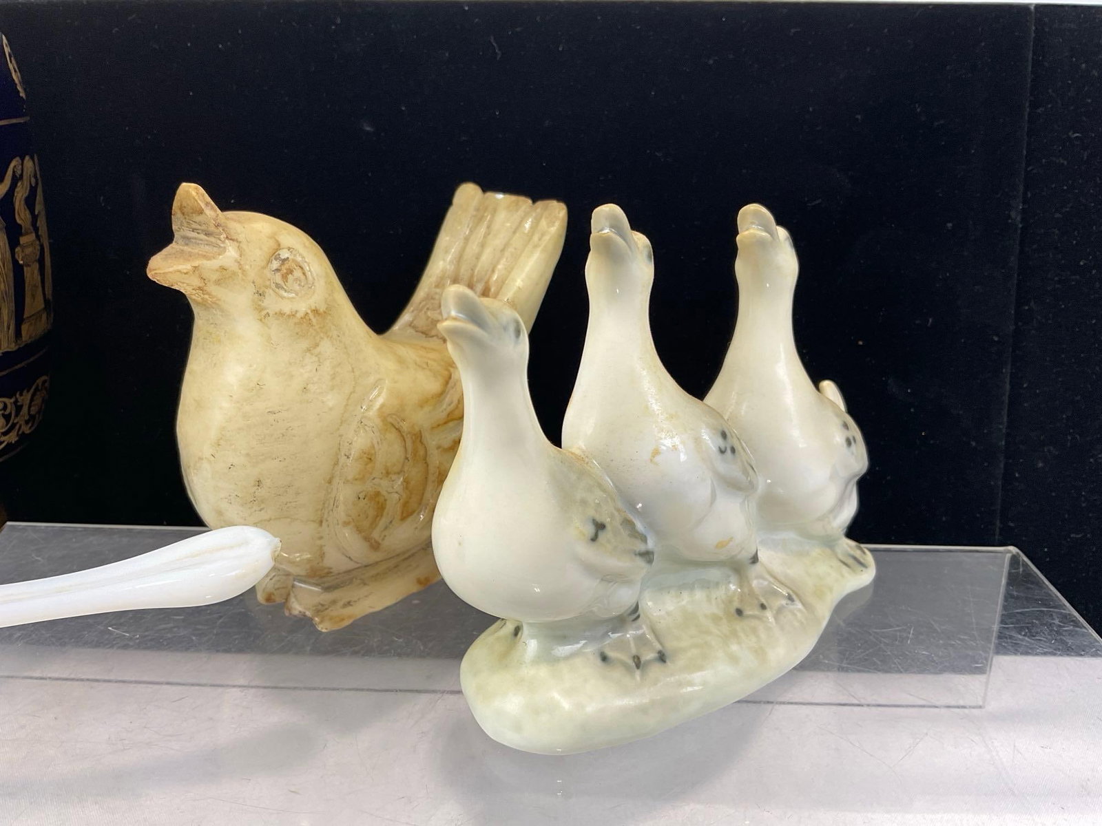 3 Carved Onyx, Ceramic & Blown Glass Birds & Greek 24k Gilt Cobalted Vase, marked S - 2