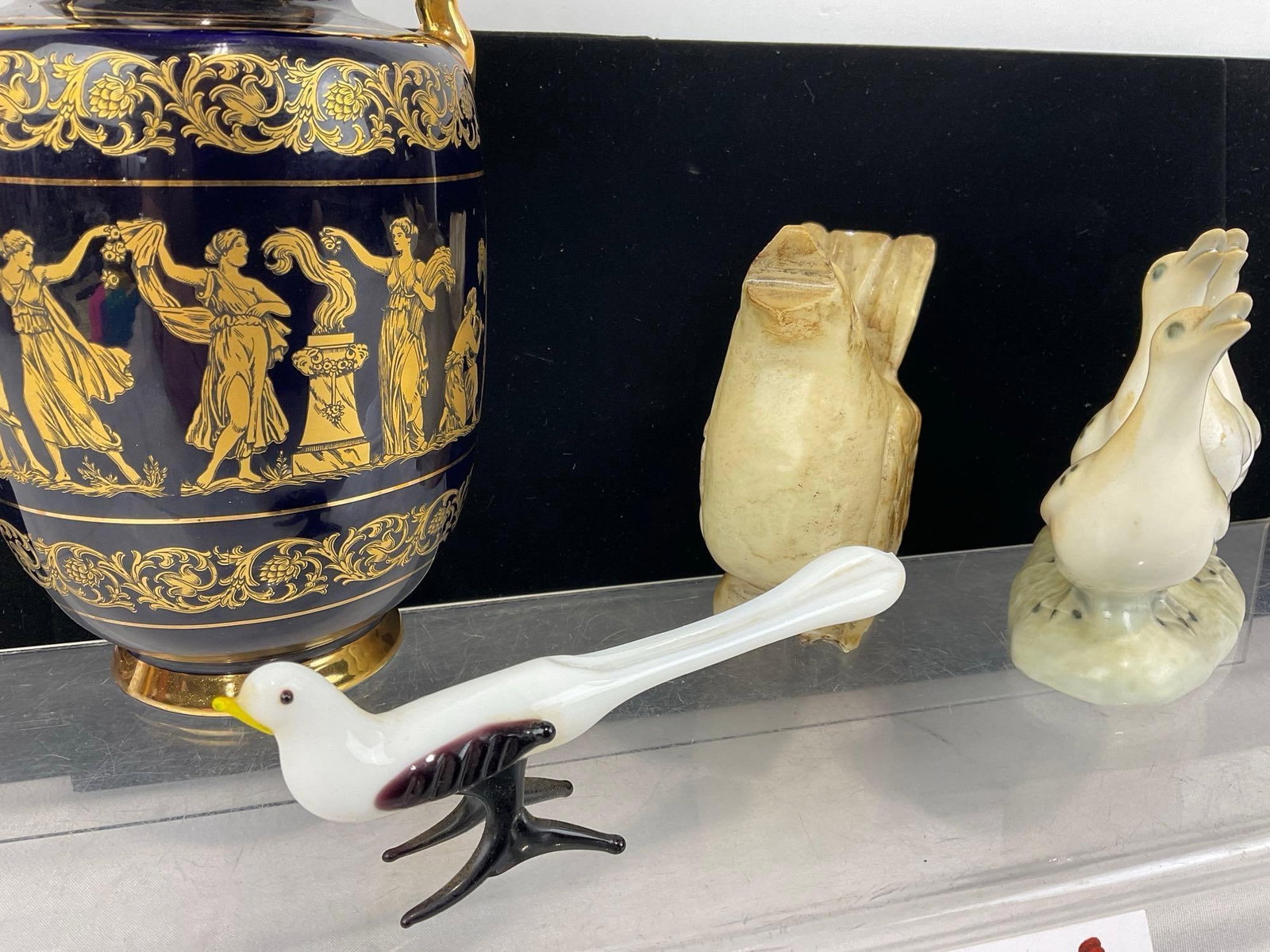 3 Carved Onyx, Ceramic & Blown Glass Birds & Greek 24k Gilt Cobalted Vase, marked S - 3