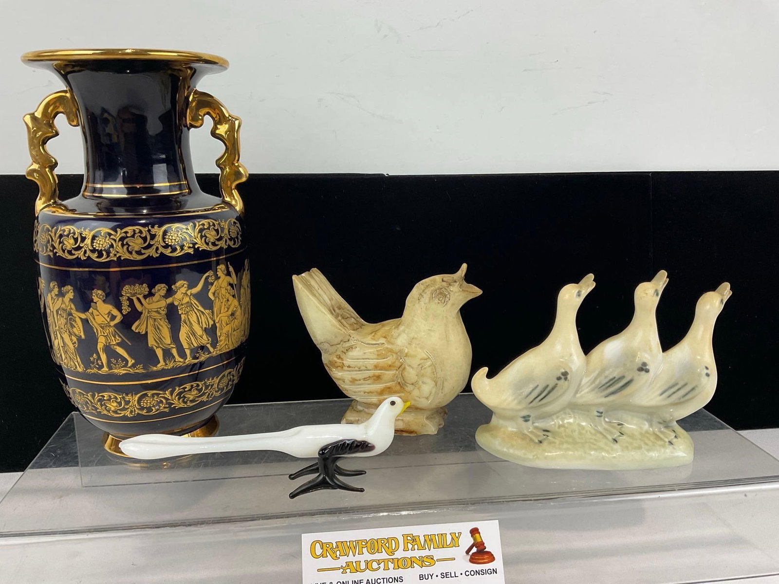 3 Carved Onyx, Ceramic & Blown Glass Birds & Greek 24k Gilt Cobalted Vase, marked S - 4
