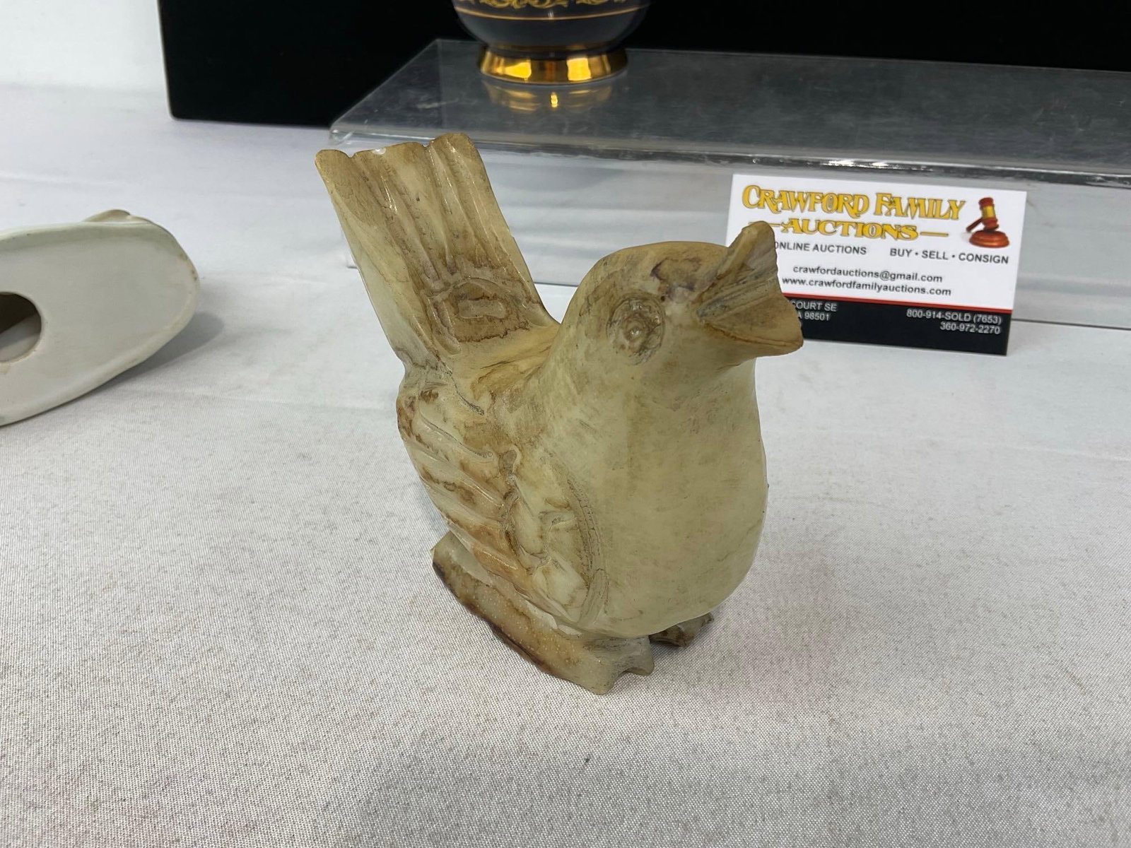 3 Carved Onyx, Ceramic & Blown Glass Birds & Greek 24k Gilt Cobalted Vase, marked S - 7