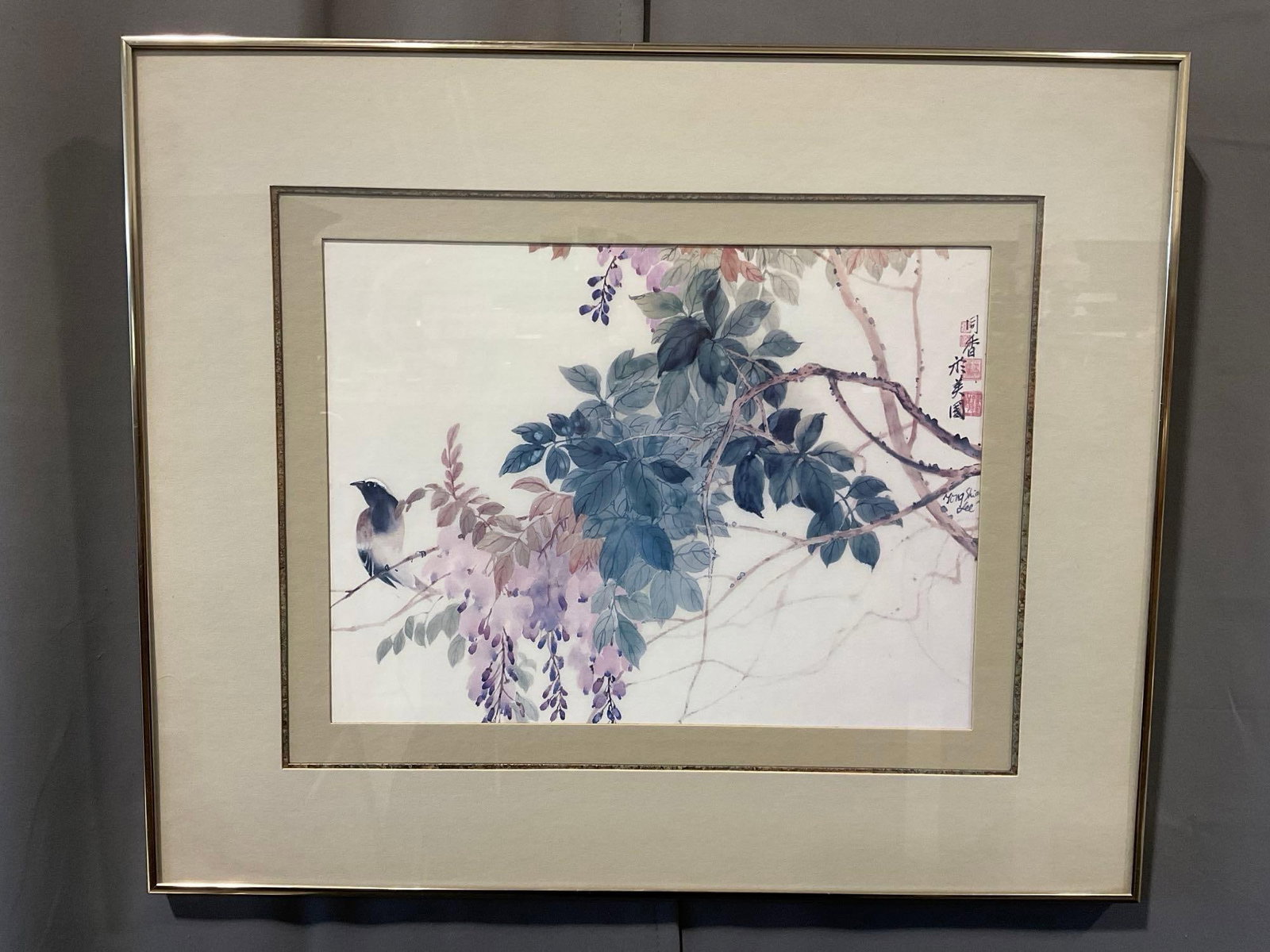 Framed Watercolor Print by Hong Shin Lee, Pale Pink & Green, Bird on a Branch, 21h x 25w inches - 2