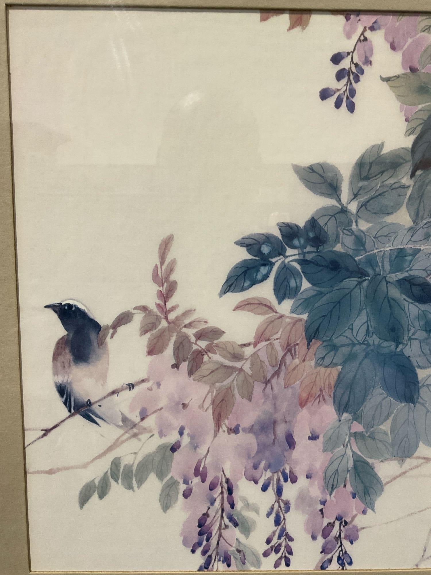 Framed Watercolor Print by Hong Shin Lee, Pale Pink & Green, Bird on a Branch, 21h x 25w inches - 3