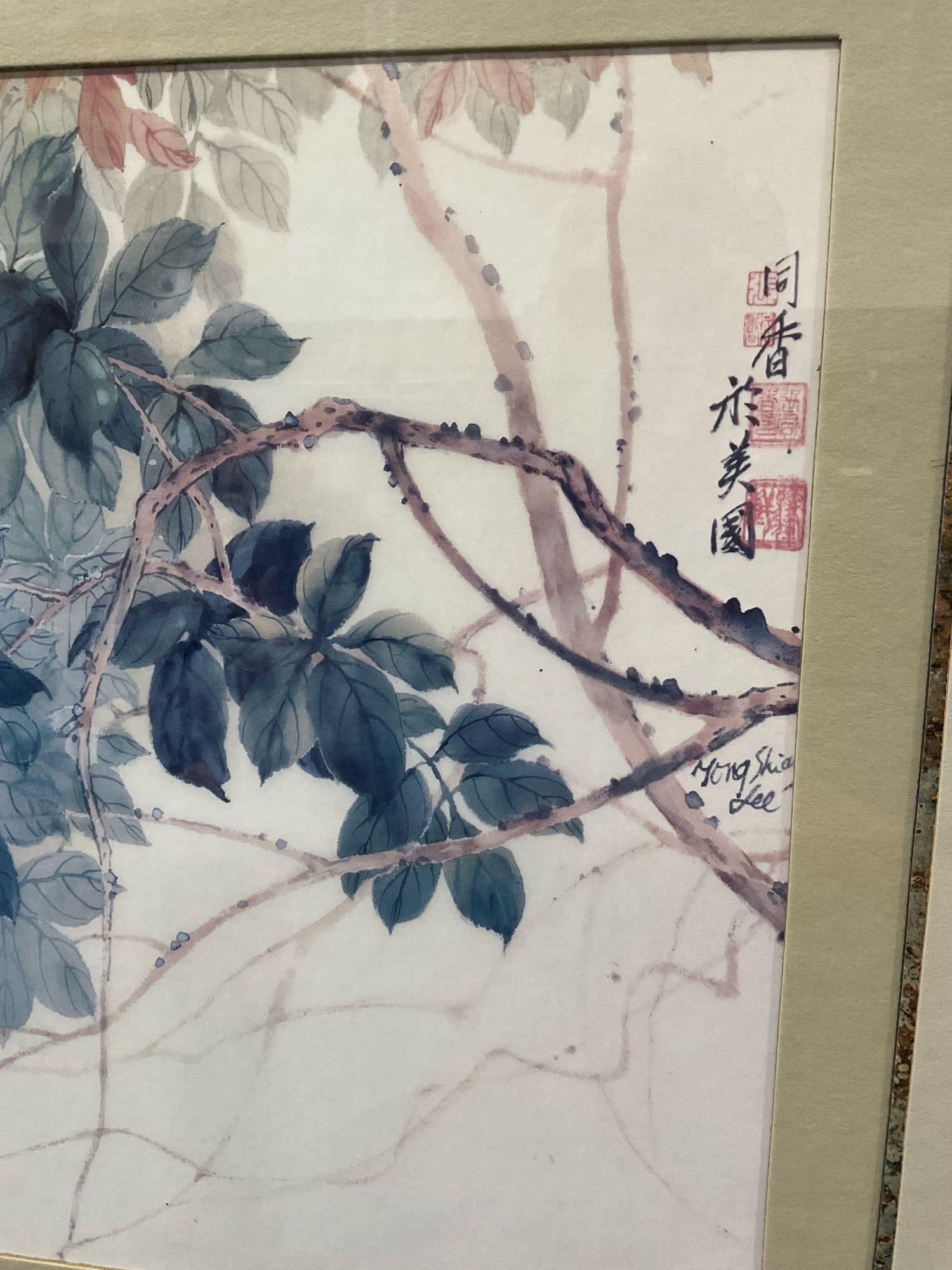 Framed Watercolor Print by Hong Shin Lee, Pale Pink & Green, Bird on a Branch, 21h x 25w inches - 4