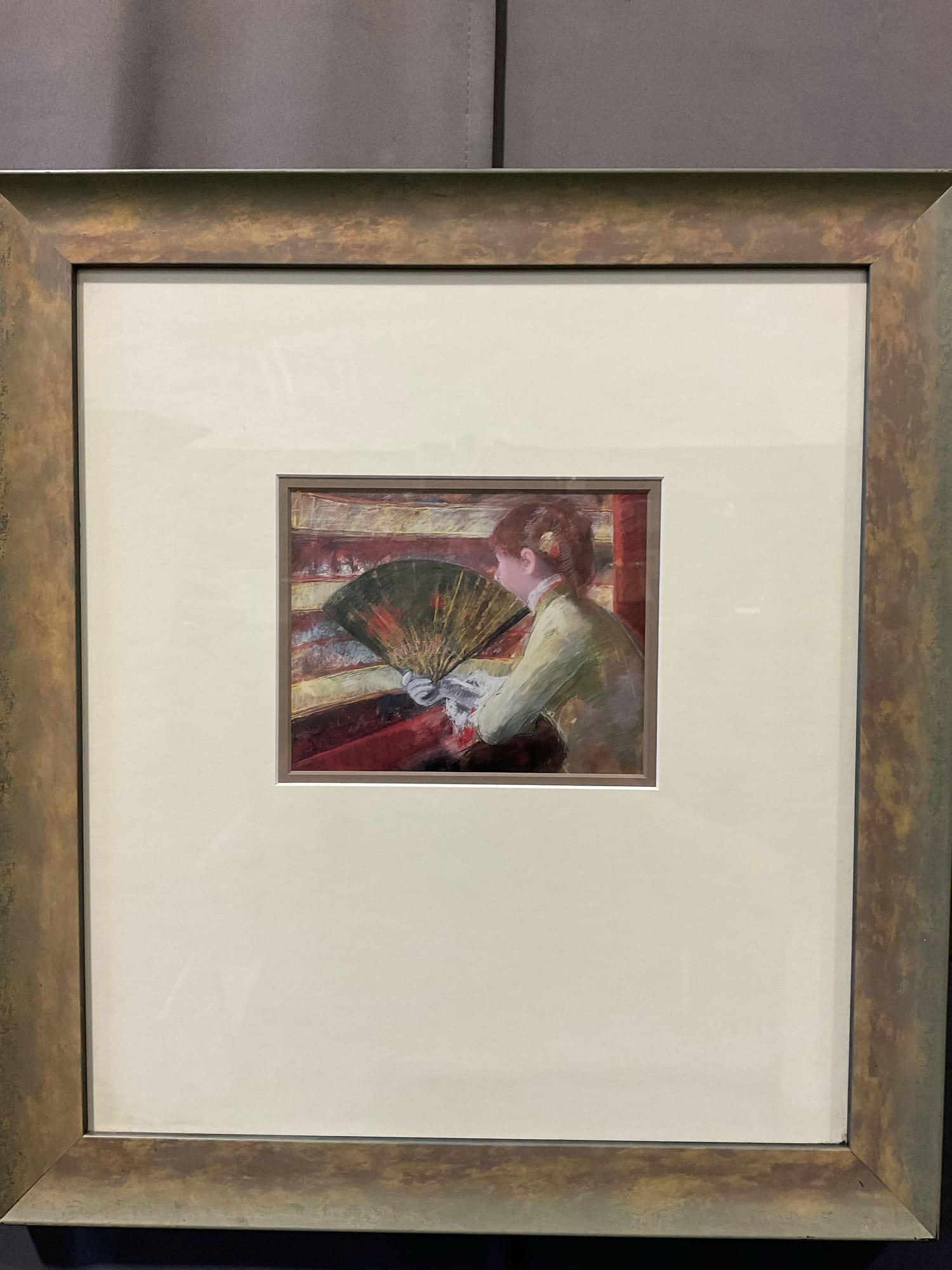 Framed Watercolor Print, Woman Watching Theatre performance on Balcony, 22x20 in, Red Impressionist: From the single consignment collection of Posters, Art, Records, & more from the estate of Stephen B. Kershaw, long time PNW conductor, & composer. Appears to be in good shape. The piece