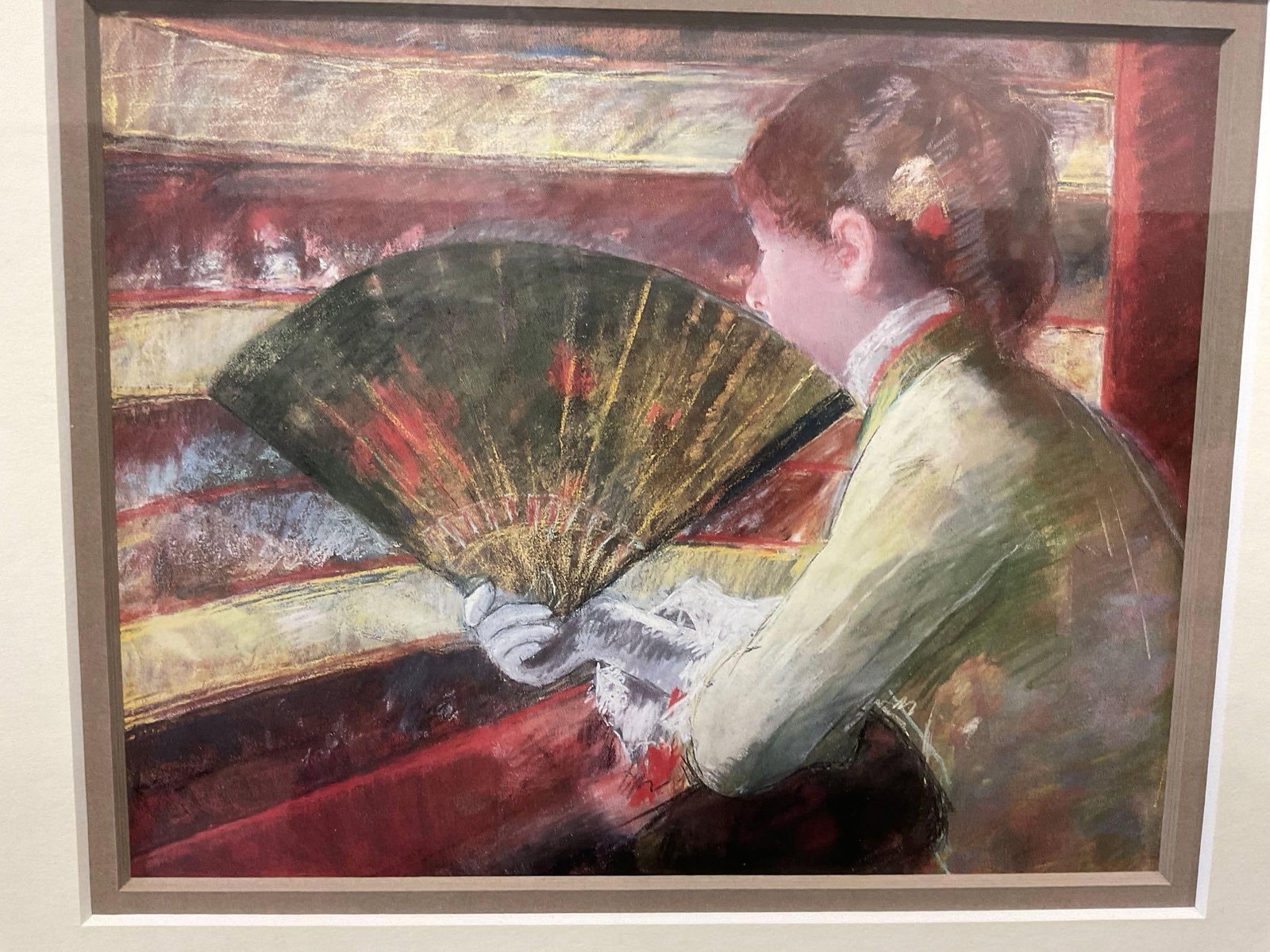 Framed Watercolor Print, Woman Watching Theatre performance on Balcony, 22x20 in, Red Impressionist - 2