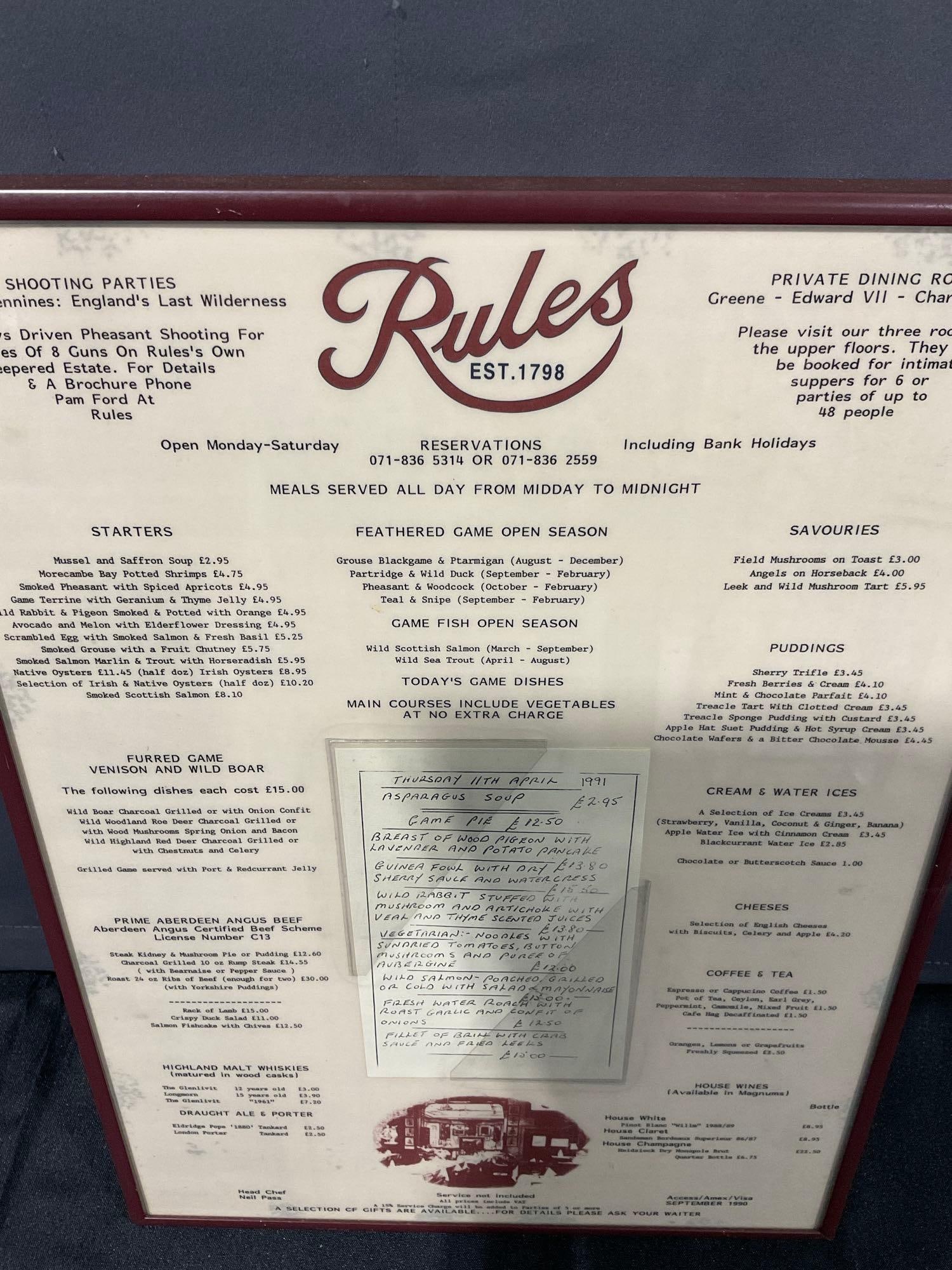 Vintage 1991 "Rules" London's oldest restaurant menu in frame w/ handwritten special & receipt - 2