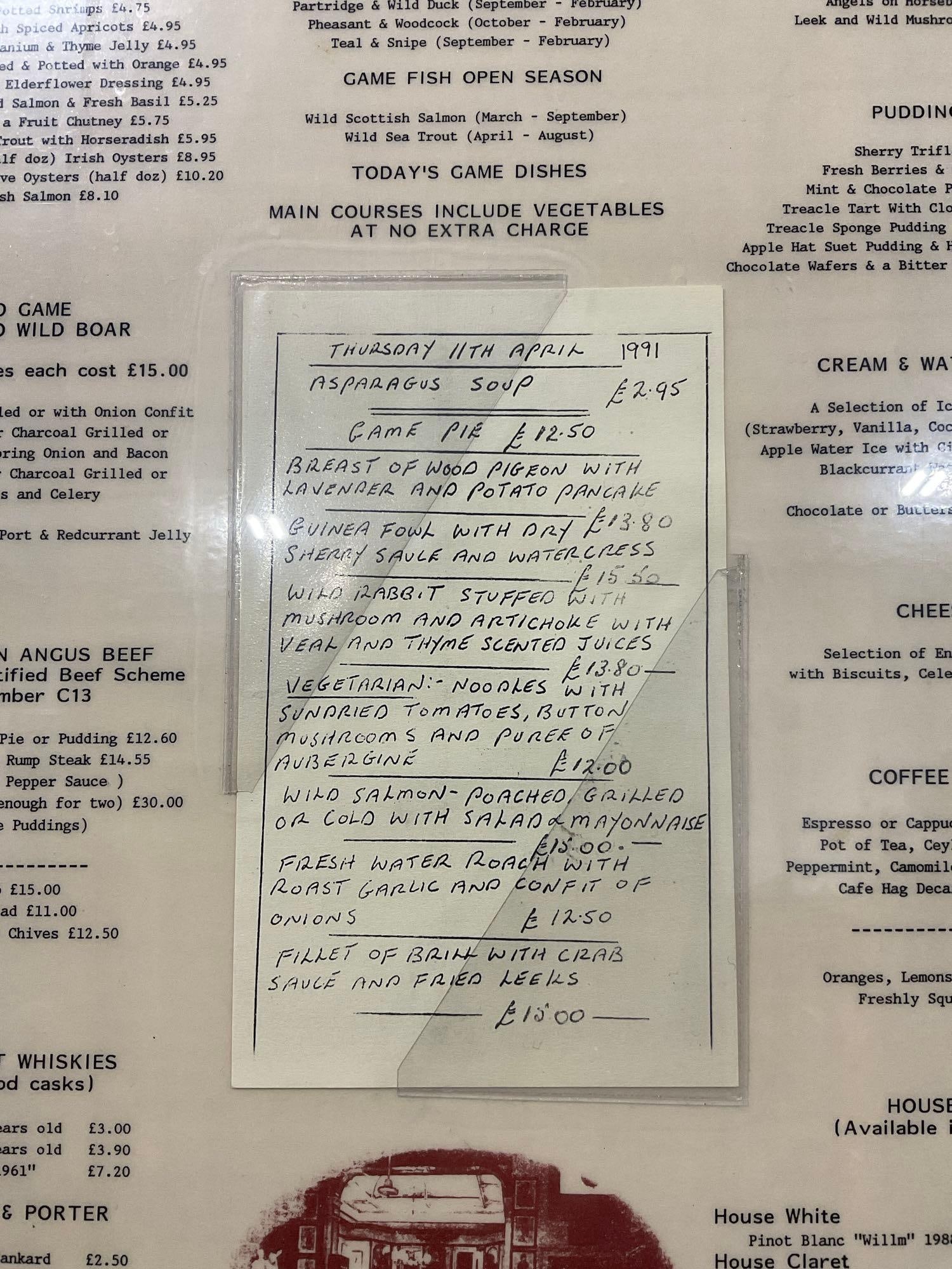 Vintage 1991 "Rules" London's oldest restaurant menu in frame w/ handwritten special & receipt - 3