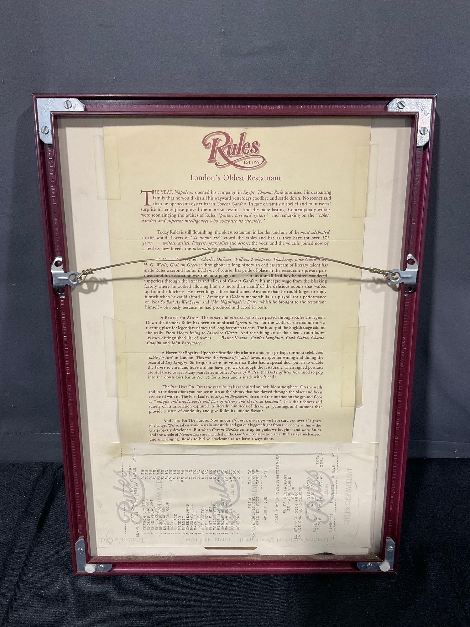 Vintage 1991 "Rules" London's oldest restaurant menu in frame w/ handwritten special & receipt - 4