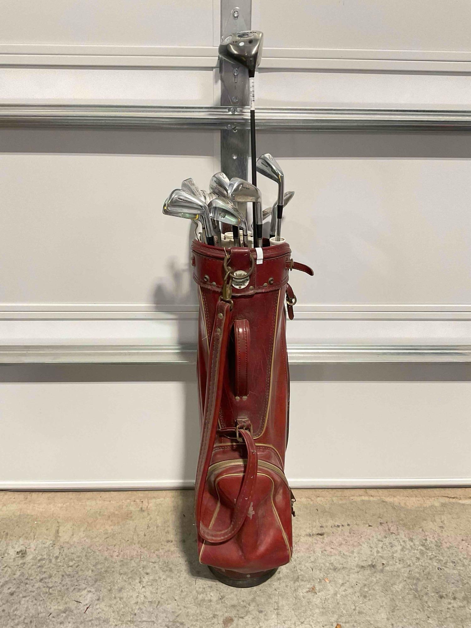 Vintage hot-z Red Leather Golf Bag w/ 12 pcs Golf Clubs, incl. 1x Big Bertha & 11x Walter Hagen.: Vintage hot-z Red Leather Golf Bag w/ 12 pcs Golf Clubs, incl. 1x Big Bertha & 11x Walter Hagen. Also includes golf ball catcher? Interesting tool. Piece has wear indicative of age and use,