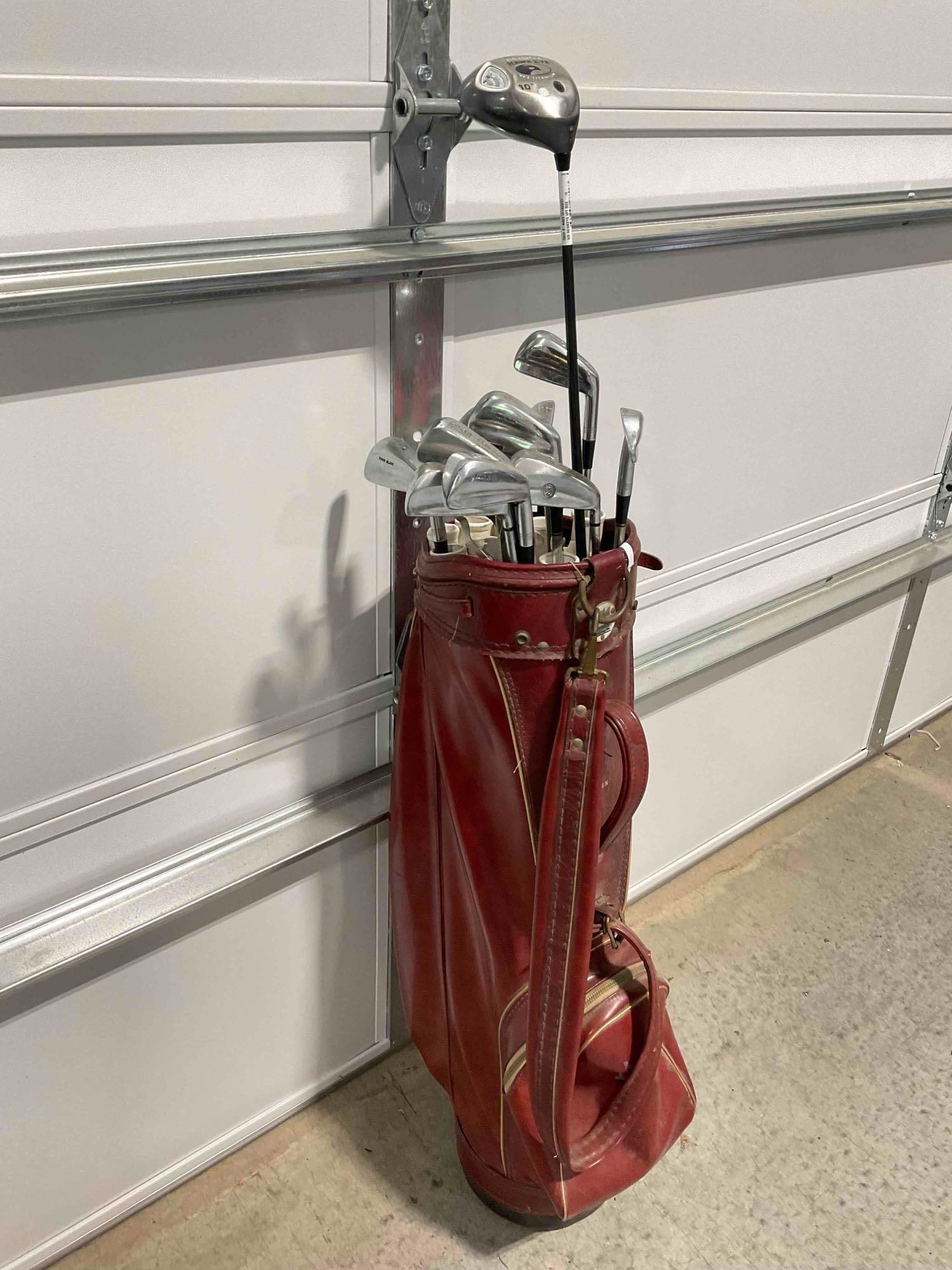 Vintage hot-z Red Leather Golf Bag w/ 12 pcs Golf Clubs, incl. 1x Big Bertha & 11x Walter Hagen. - 3