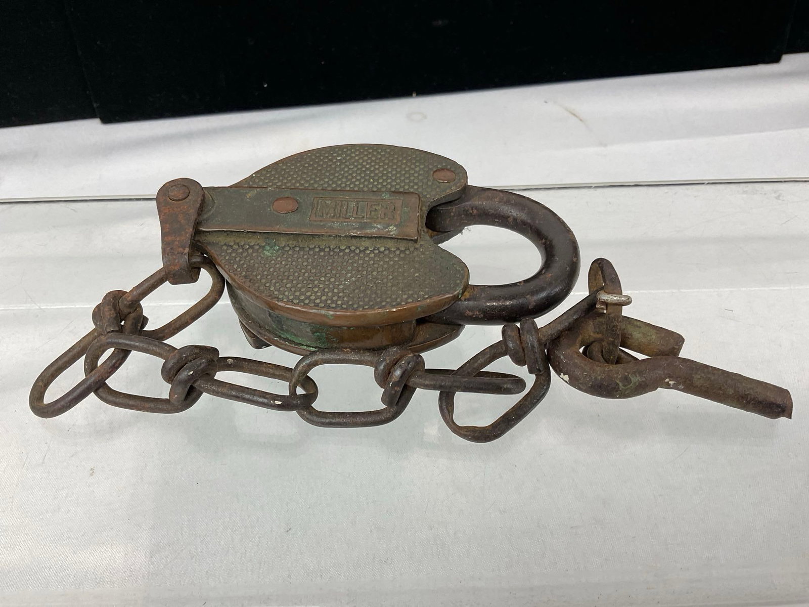 Antique Cast Metal Miller Lock, no key, dimpled surface, w/chain - 3