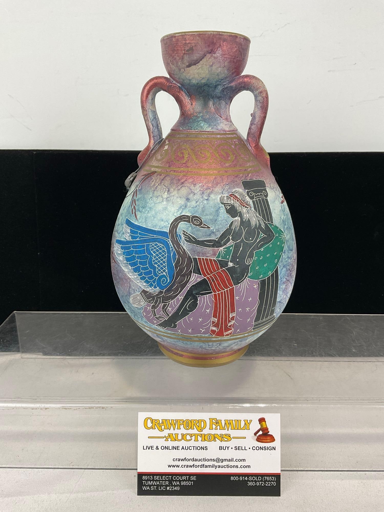Handmade Amphora style Greek Vase, Leda & the Swan, Black figure drawing on multicolor vase: Appears to be in good shape. The piece measures approx 10h x 6w x 6d inches. See pics. E-6030