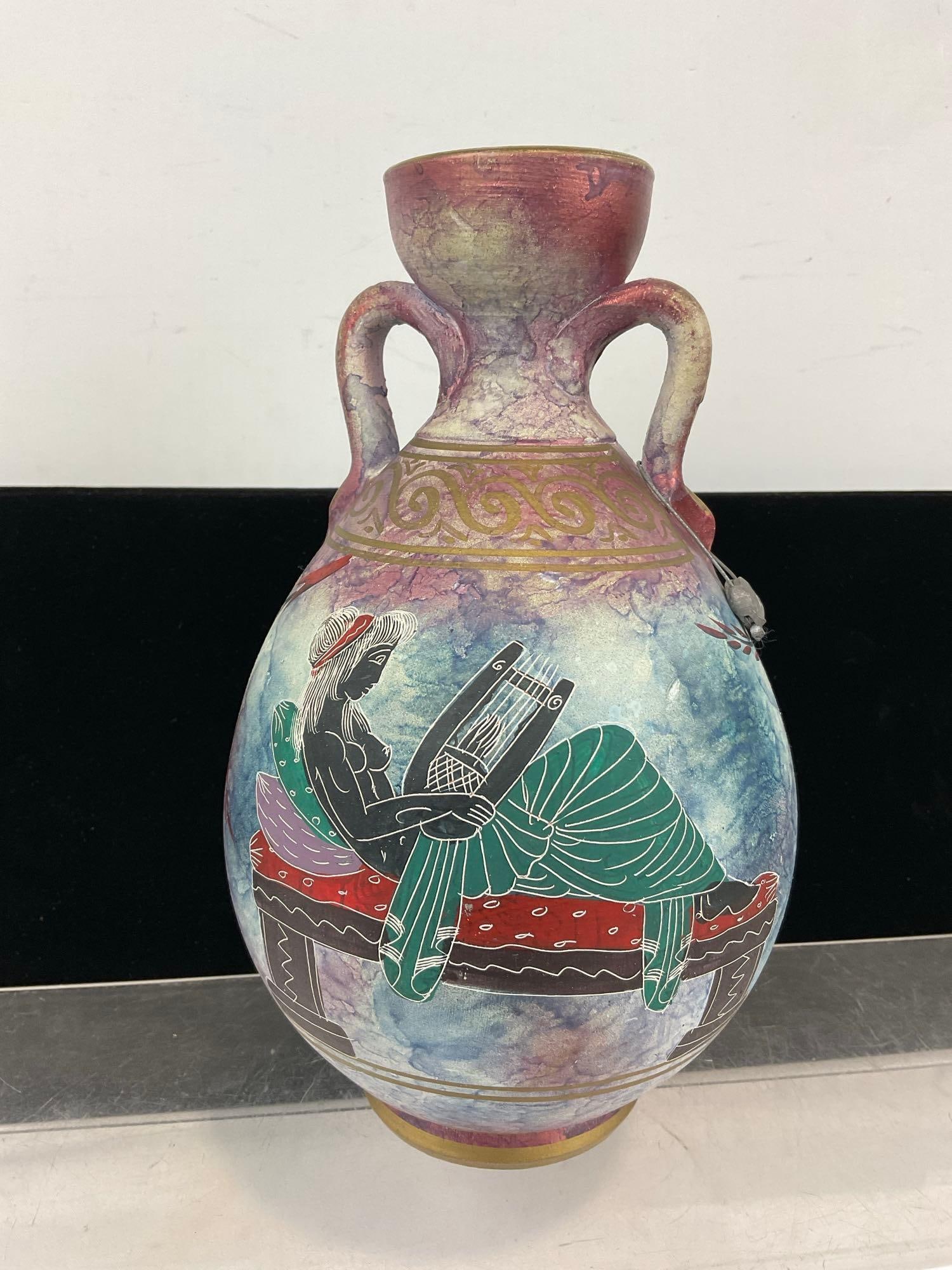 Handmade Amphora style Greek Vase, Leda & the Swan, Black figure drawing on multicolor vase - 3