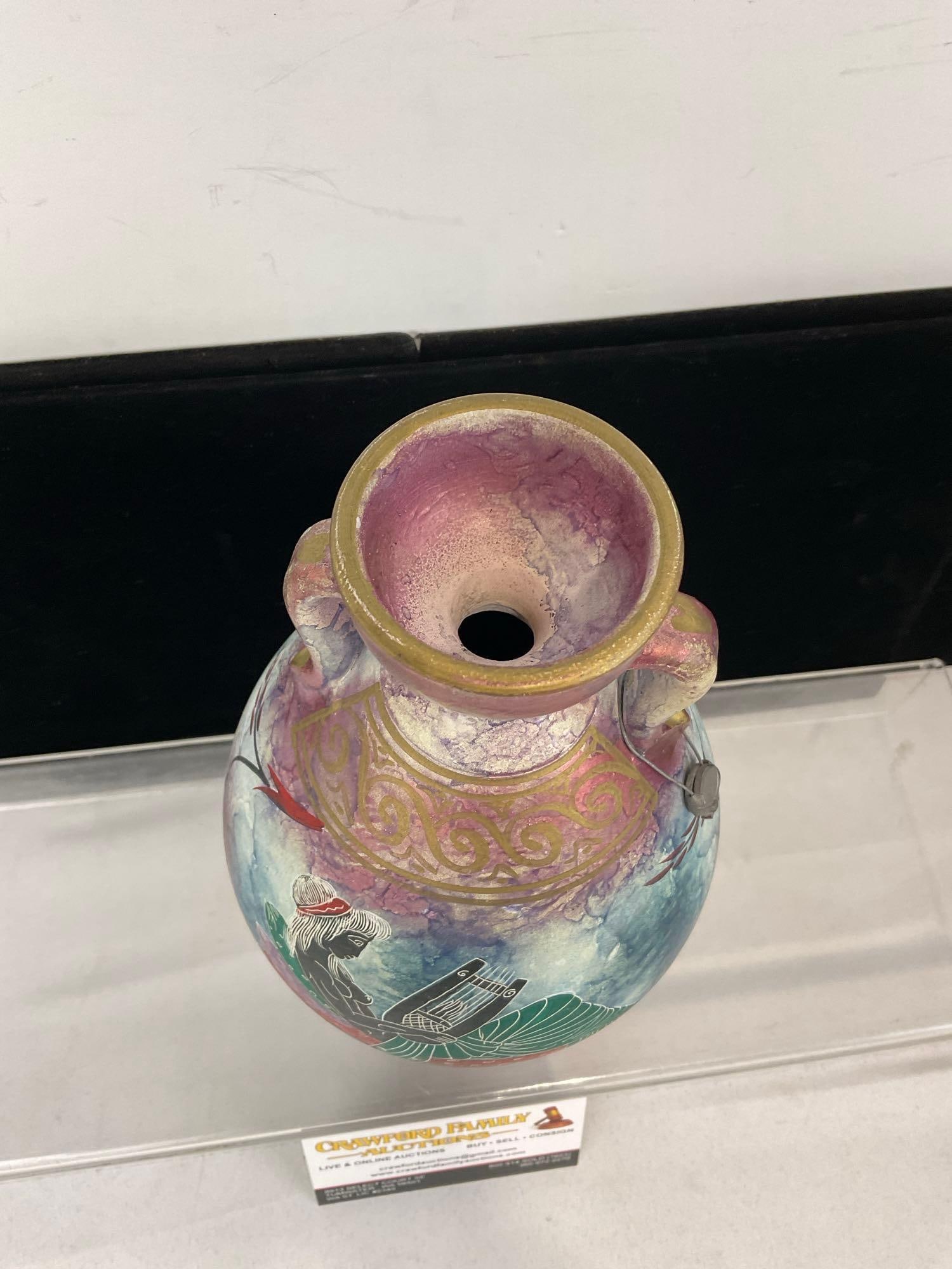 Handmade Amphora style Greek Vase, Leda & the Swan, Black figure drawing on multicolor vase - 4
