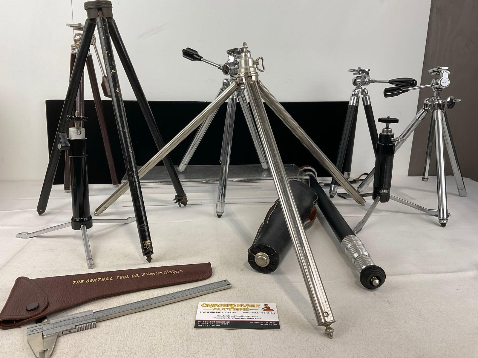 10 Vintage Early 20th Century Tripods, and Caliper, Sunset, Stabilo III, Polaroid, King & more: We are not camera experts, all noted condition is cosmetic, and all cameras are untested/ as is. These cameras are from a large single consignor collection that has been well kept in storage, but the 