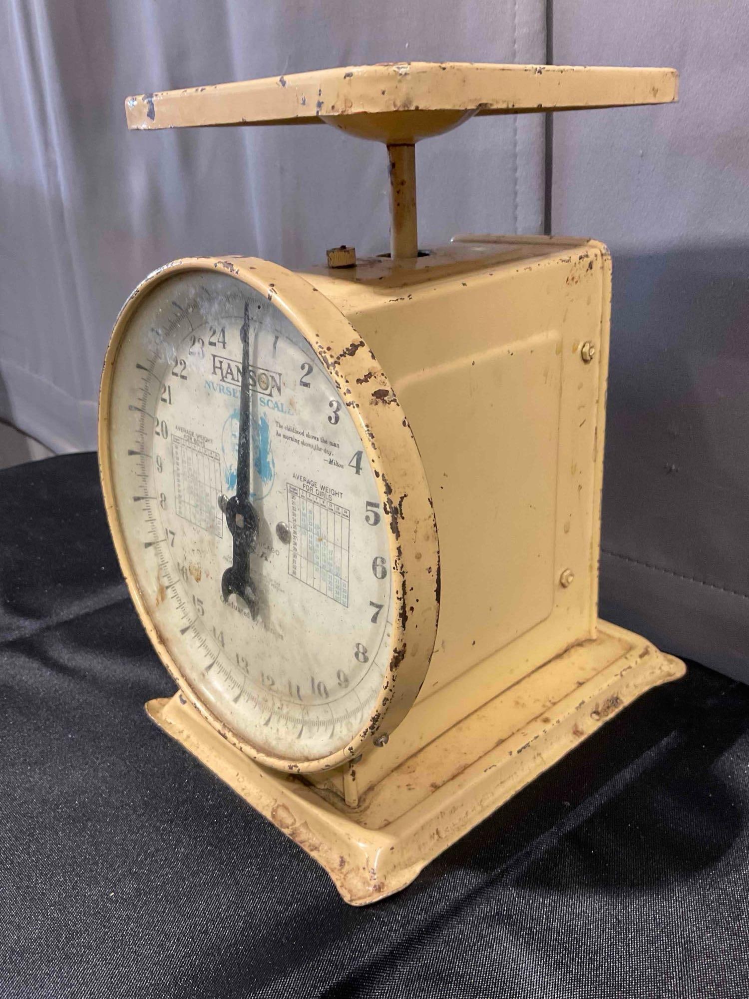 2 pcs Vintage Metal Scales, incl. Hanson Nursery Scale & Pelouze Dairy Scale. See pics. - 2