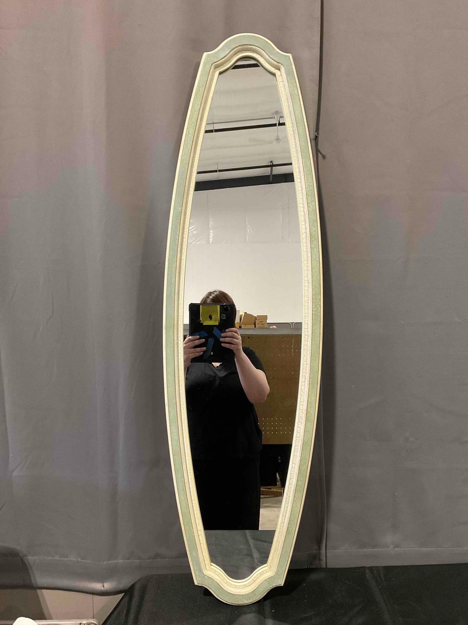 Modern Tall Elongated Oval Wall Mirror in Sage Green Painted Frame w/ Crackle Finish. See pics.: Modern Tall Elongated Oval Wall Mirror in Sage Green Painted Frame w/ Crackle Finish. Very slight amount of wear on front, back board is loose on reverse, otherwise looks to be in fair condition. same
