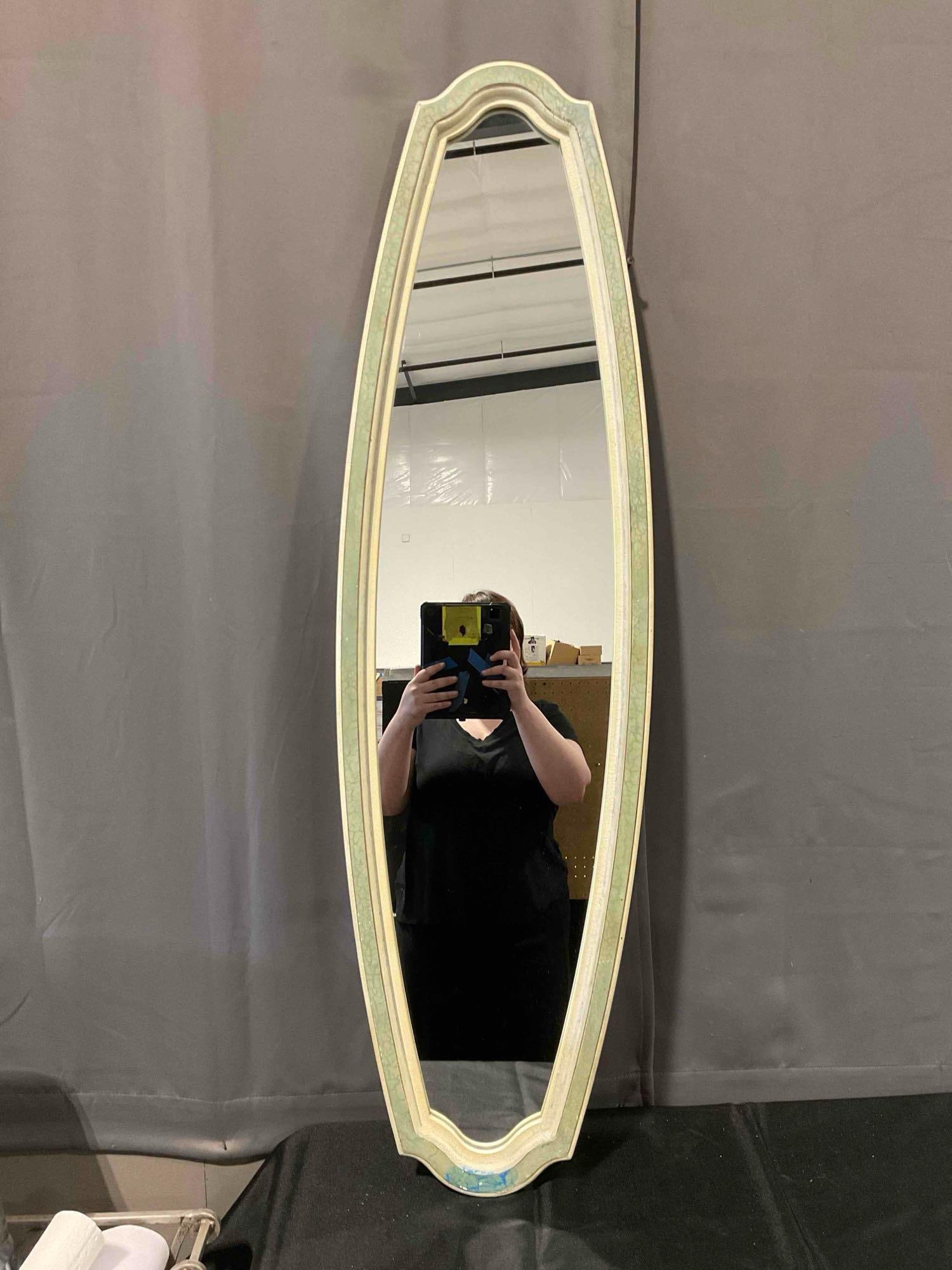 Modern Tall Elongated Oval Wall Mirror in Sage Green Painted Frame w/ Crackle Finish. See pics.: Modern Tall Elongated Oval Wall Mirror in Sage Green Painted Frame w/ Crackle Finish. Has blue wall putty on bottom, otherwise looks to be in fair condition. same as lots 255 & 256. Measures 14"