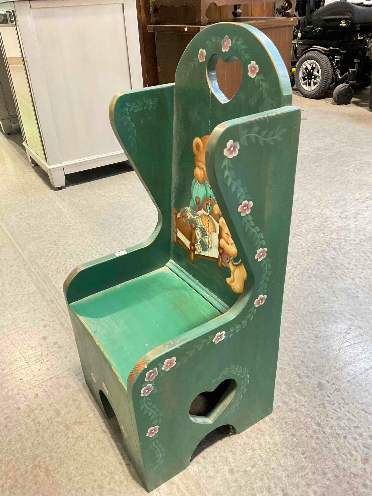 Vintage Wood Child's Doll Chair Painted Green w/ Goldilocks & The Three Bears Design. See pics. - 2
