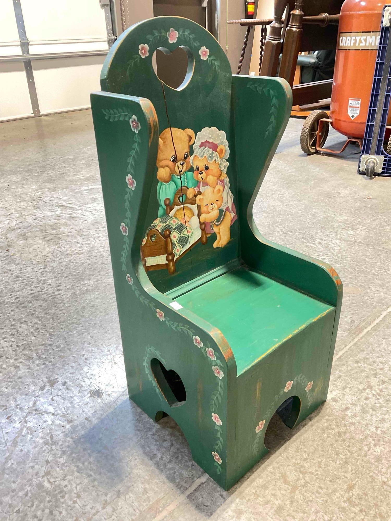 Vintage Wood Child's Doll Chair Painted Green w/ Goldilocks & The Three Bears Design. See pics. - 3