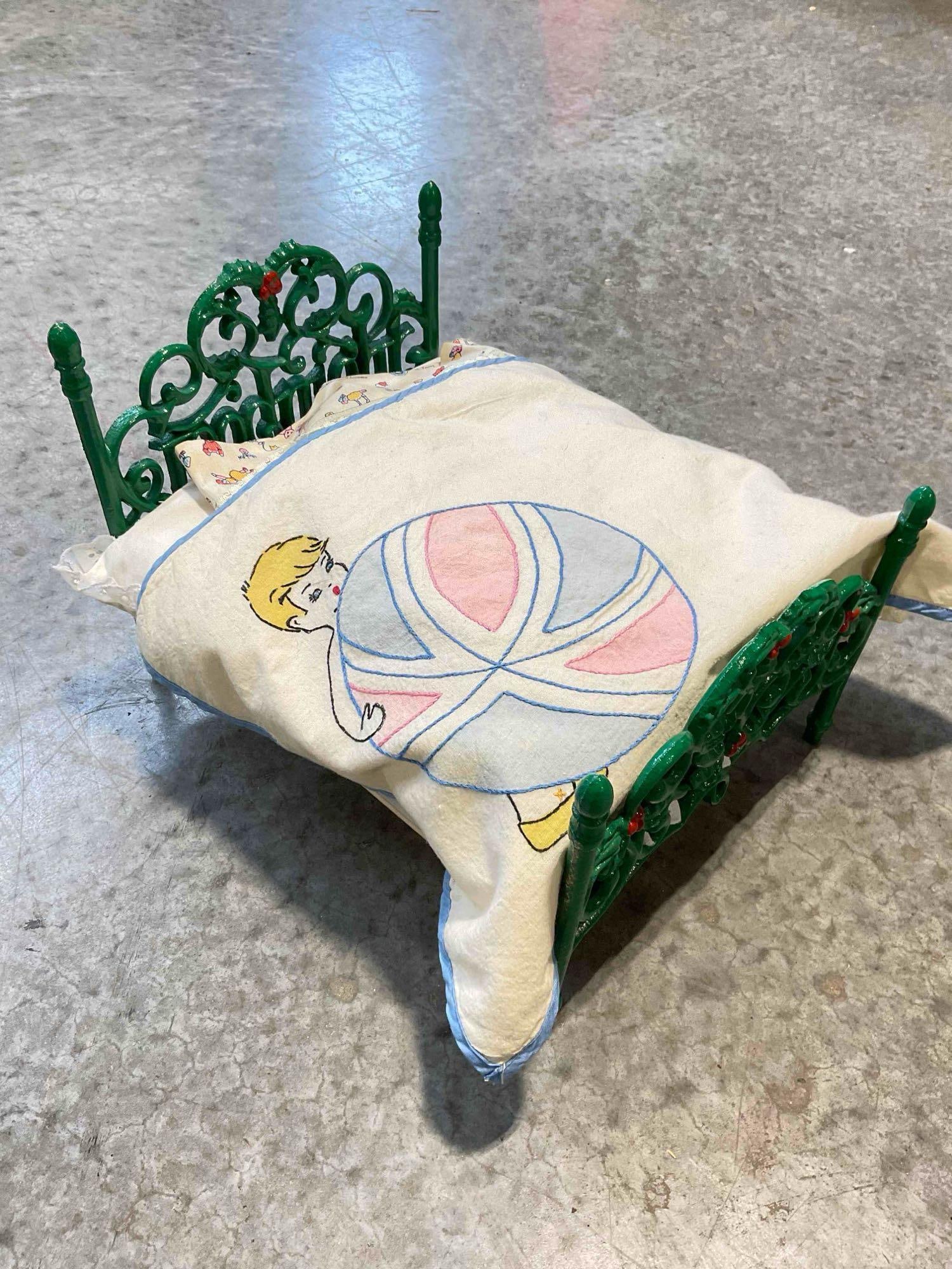 Vintage Tiny Green Painted Cast Iron Child's Doll Bed w/ Sweet Linens. Good Condition. See pics. - 3