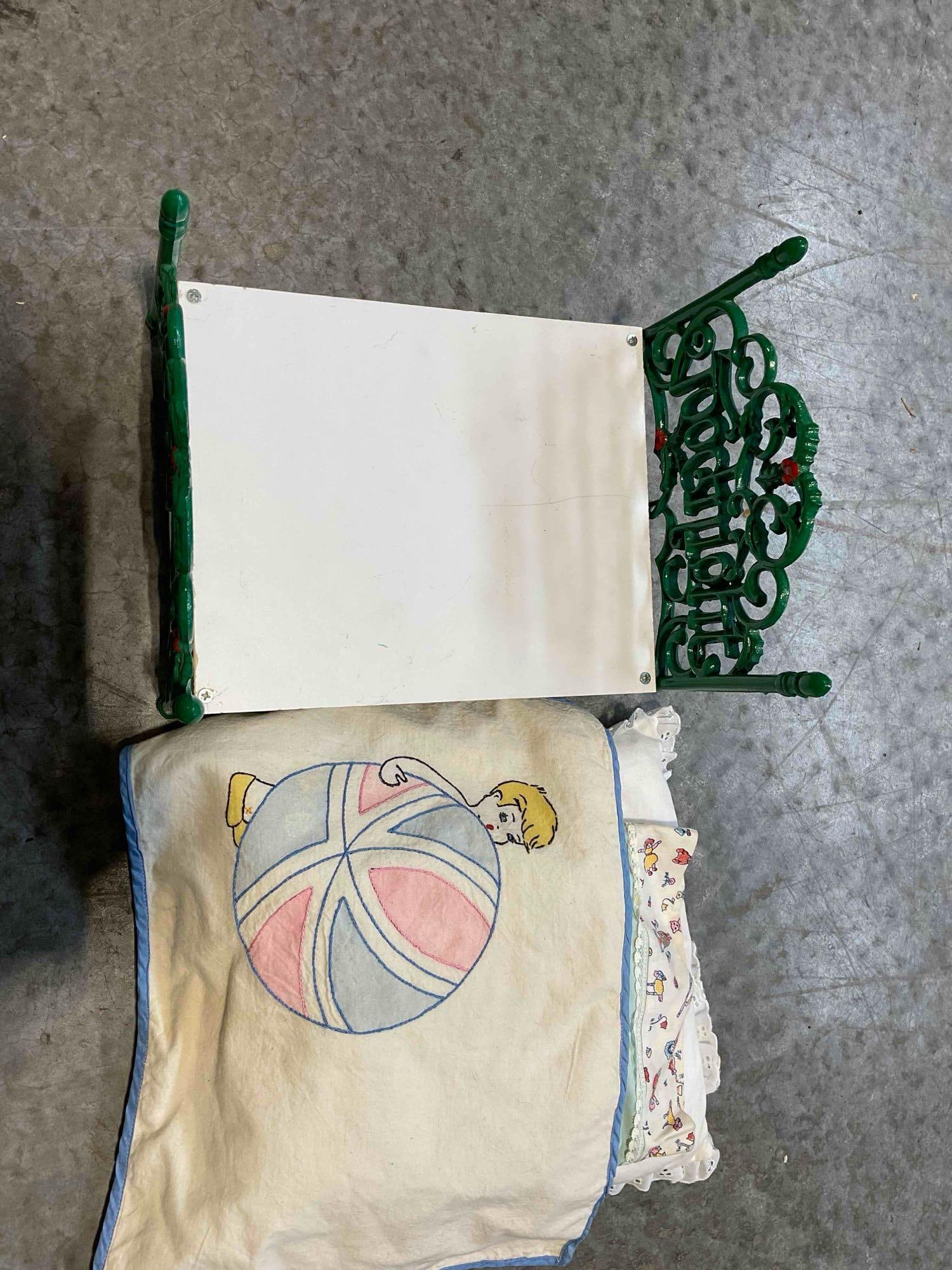 Vintage Tiny Green Painted Cast Iron Child's Doll Bed w/ Sweet Linens. Good Condition. See pics. - 4