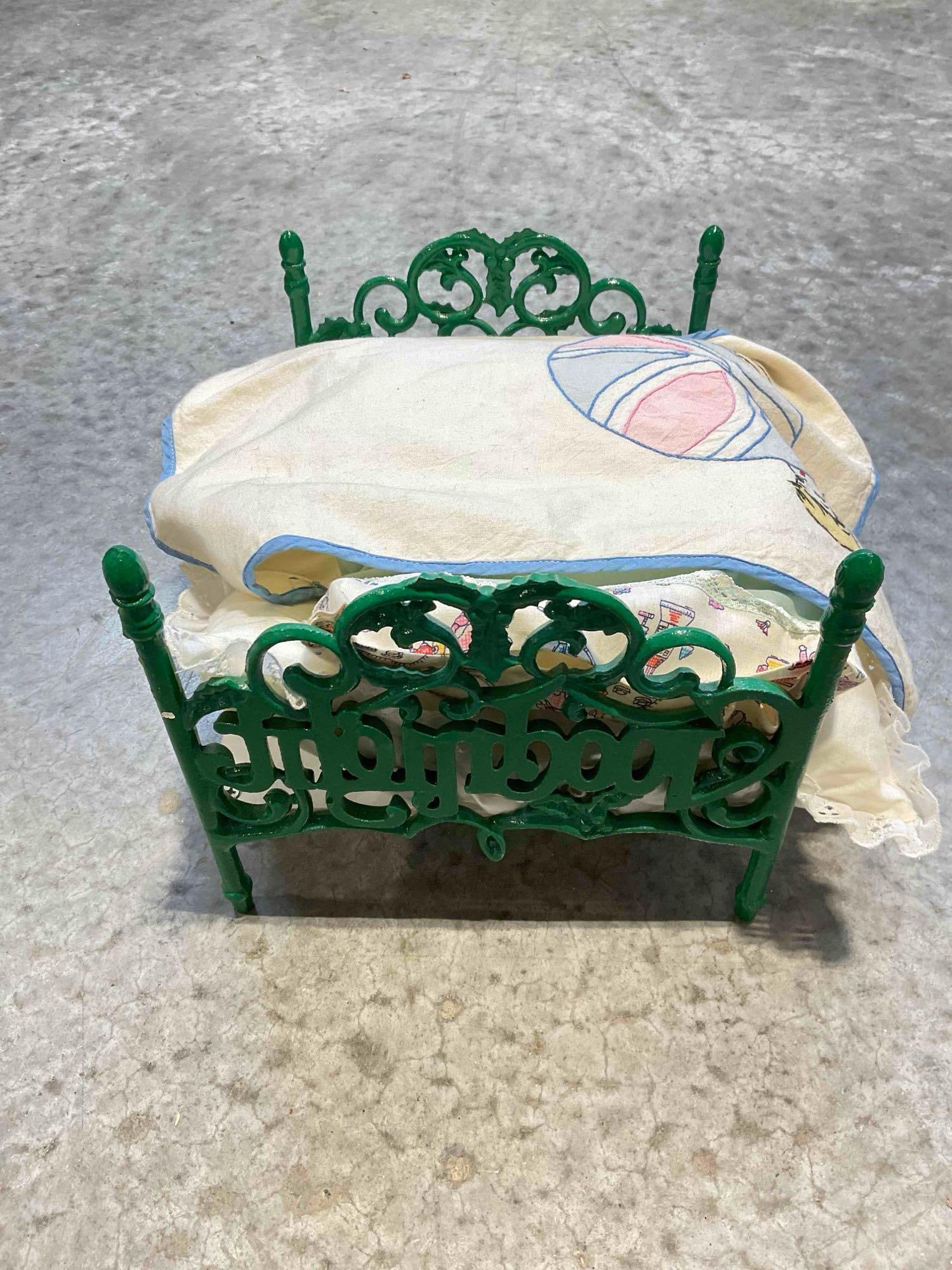 Vintage Tiny Green Painted Cast Iron Child's Doll Bed w/ Sweet Linens. Good Condition. See pics. - 5