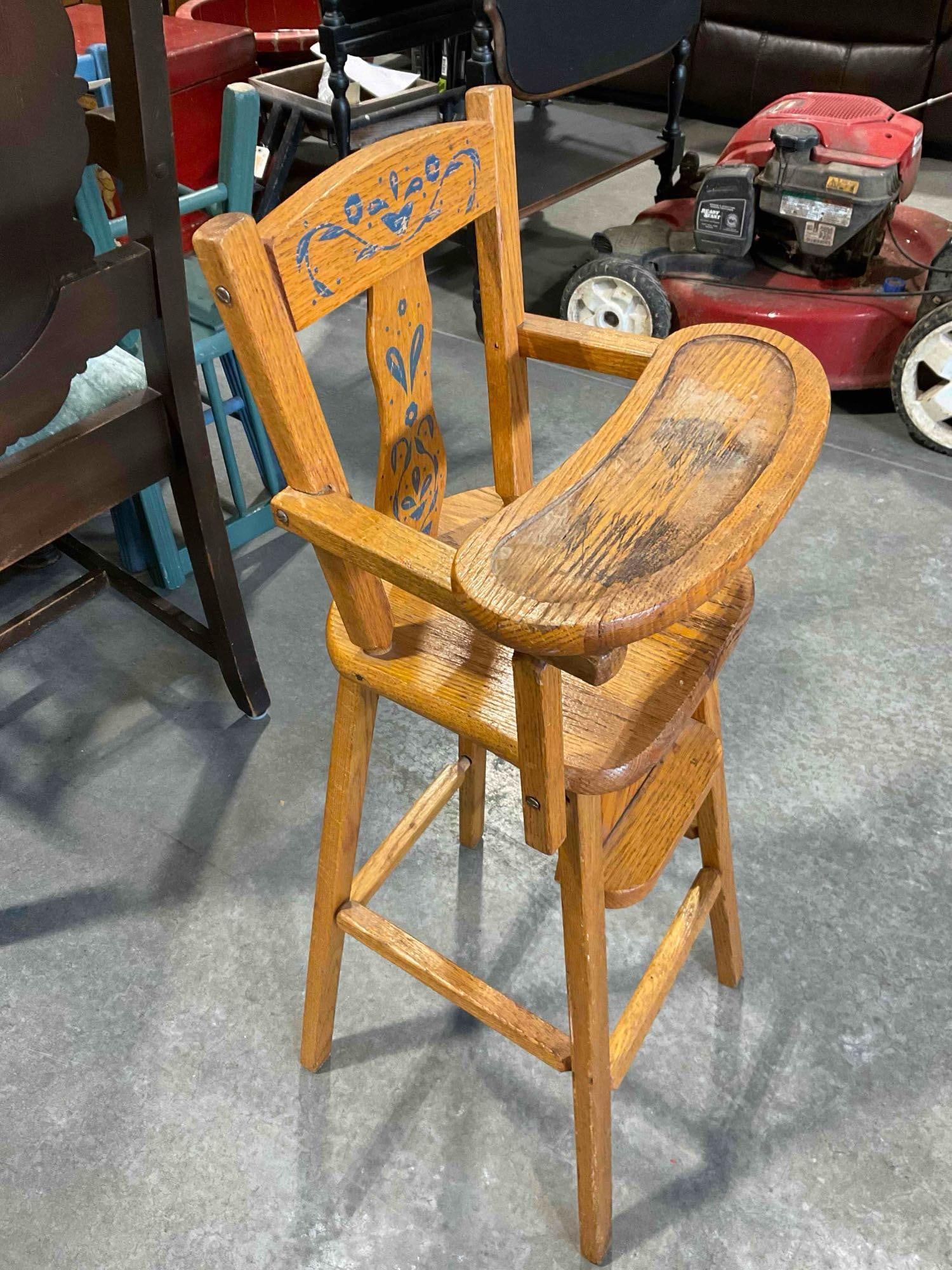 Vintage Cass Toys Oak Wood Child's Toy Doll High Chair w/ Blue Painted Details. Fair Condition. - 3
