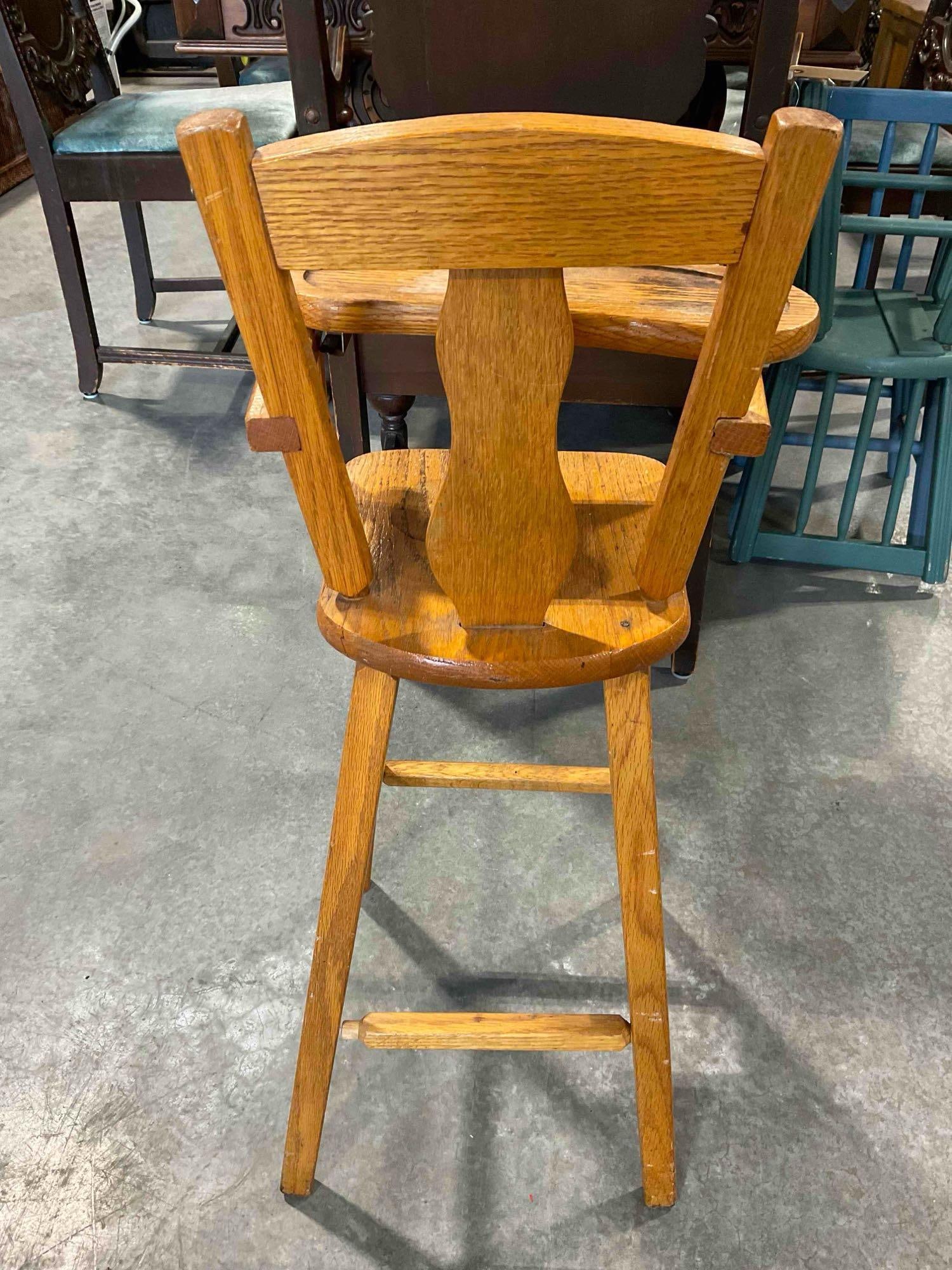 Vintage Cass Toys Oak Wood Child's Toy Doll High Chair w/ Blue Painted Details. Fair Condition. - 5