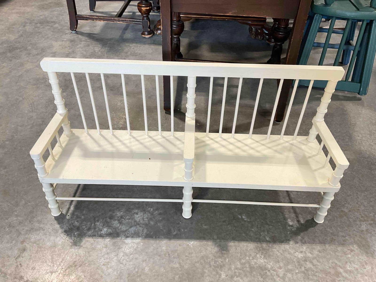 Vintage Tiny Off-White Painted Wooden Children's Toy Doll Side-by-Side Bench. Good Condition.: Vintage Tiny Off-White Painted Wooden Children's Toy Doll Side-by-Side Bench. Good Condition. Missing a spot of paint, otherwise looks to be in good condition. Measures 27" x 8" x 14"