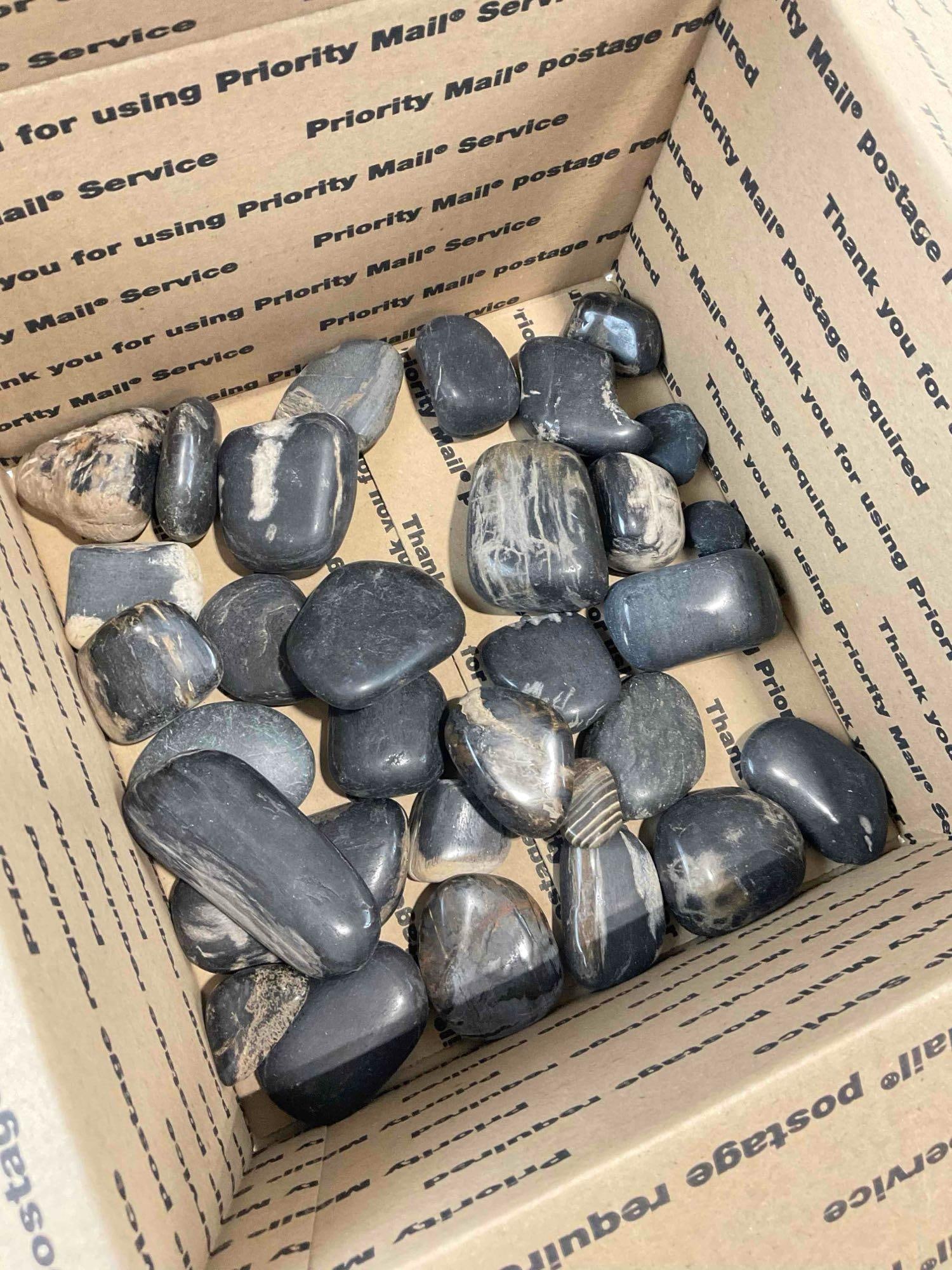 Uncounted Assortment of Tumbled Black River Rocks & Petrified Wood. Good Condition. - 2
