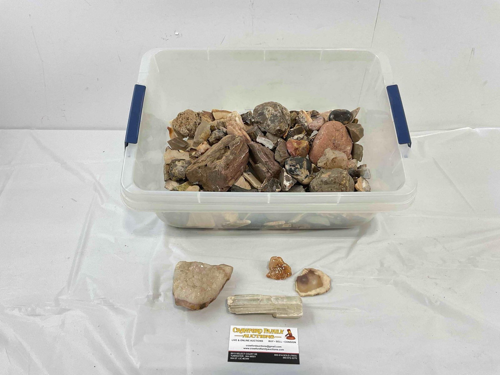 Uncounted Assortment of Loose Rocks, incl. Agates, Quartz, Selenite, Petrified Wood & More.: Uncounted Assortment of Loose Rocks, incl. Agates, Quartz, Selenite, Petrified Wood & More. Looks to be in good condition. Fits in box measuring 16" x 11" x 7" DM-6030