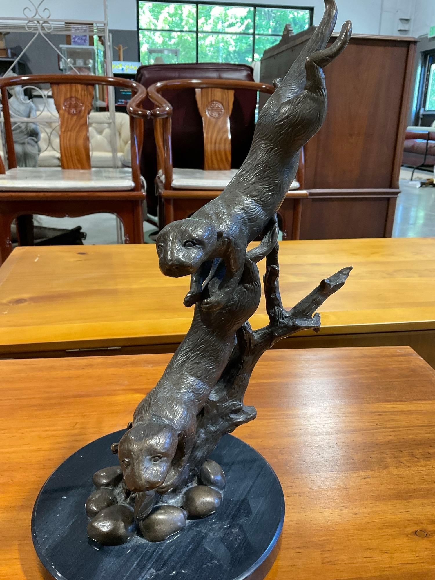 Bronze & Marble Statue, Pair of Otters, San Pacific Intl, 16h x 12w x 8d inches - 2