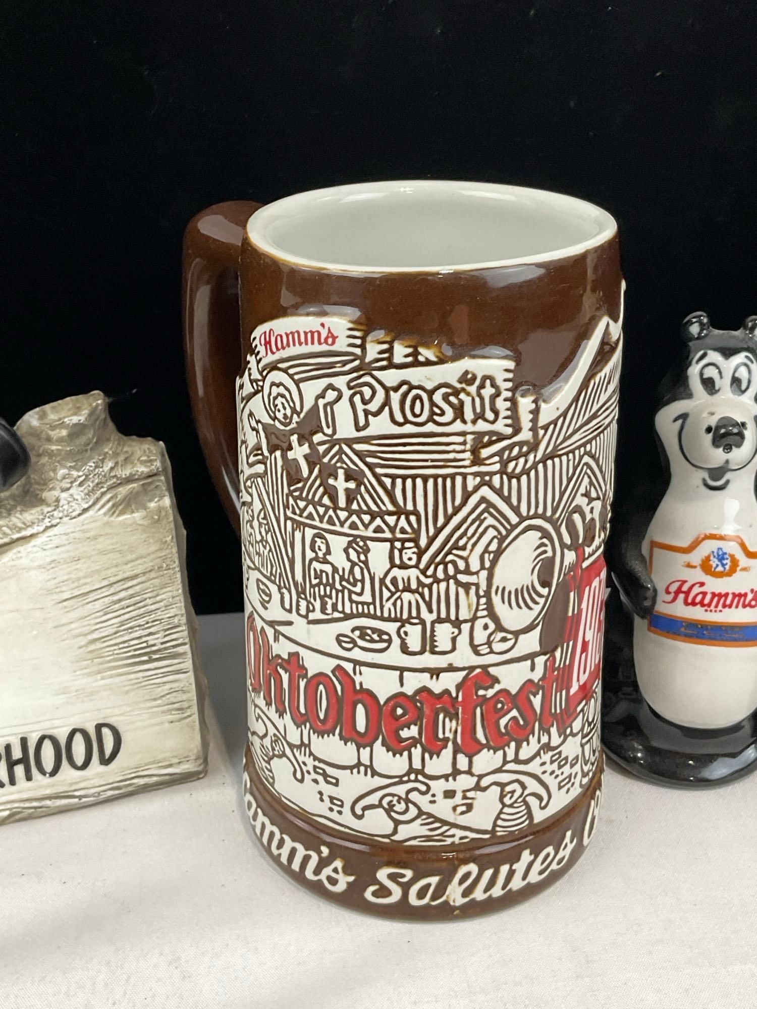 Hamms Beer Collectibles, Ceramarte S&P Shakers, Bottle, Stein, Good Friends Meet Here Bear Sign - 3