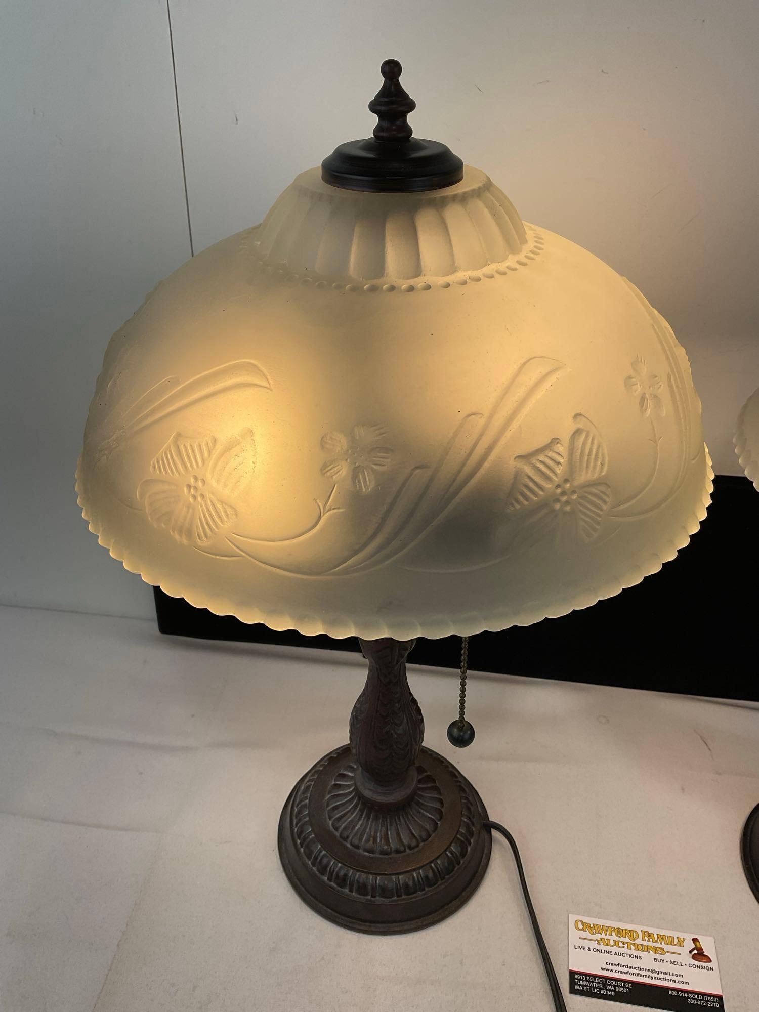 Pair of Table Lamps, Pull-Chain 2 lights, Frosted Glass Dome Shades, 16h x 17w x 17d inches - 2