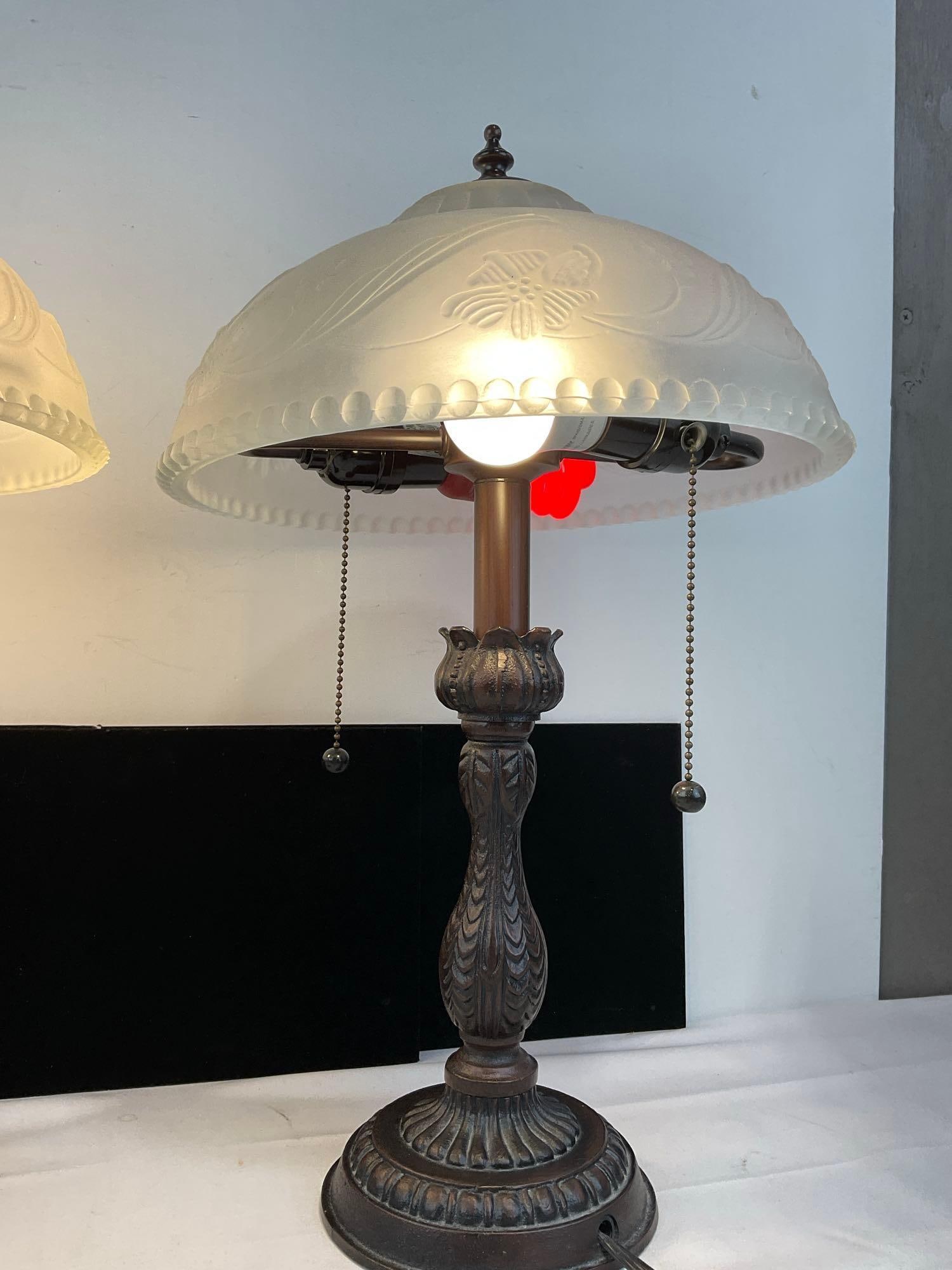 Pair of Table Lamps, Pull-Chain 2 lights, Frosted Glass Dome Shades, 16h x 17w x 17d inches - 3